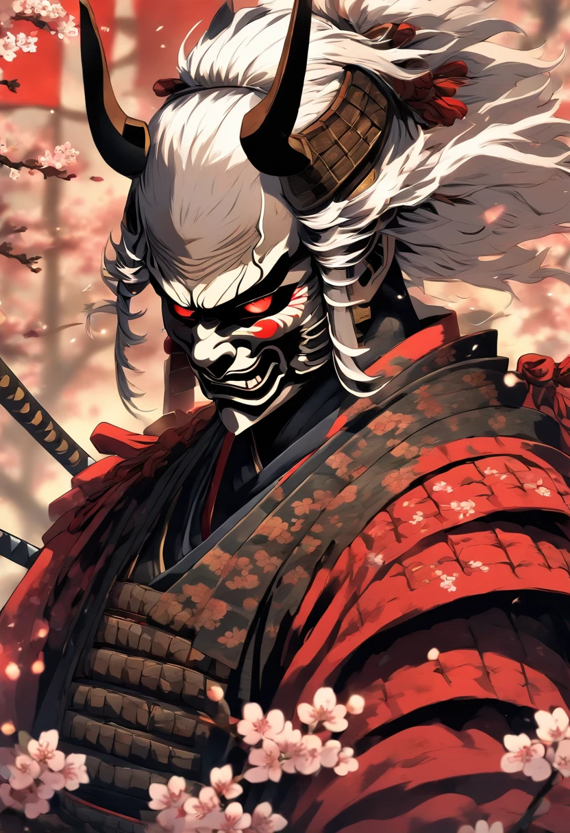 The most brave and noble samurai warrior, white hair, red eyes, wearing traditional Japanese demon mask and incredibly detailed black samurai armor with mounted sashimono war flag, cherry blossoms blowing in the wind, perfect masterpiece, high quality, high resolution