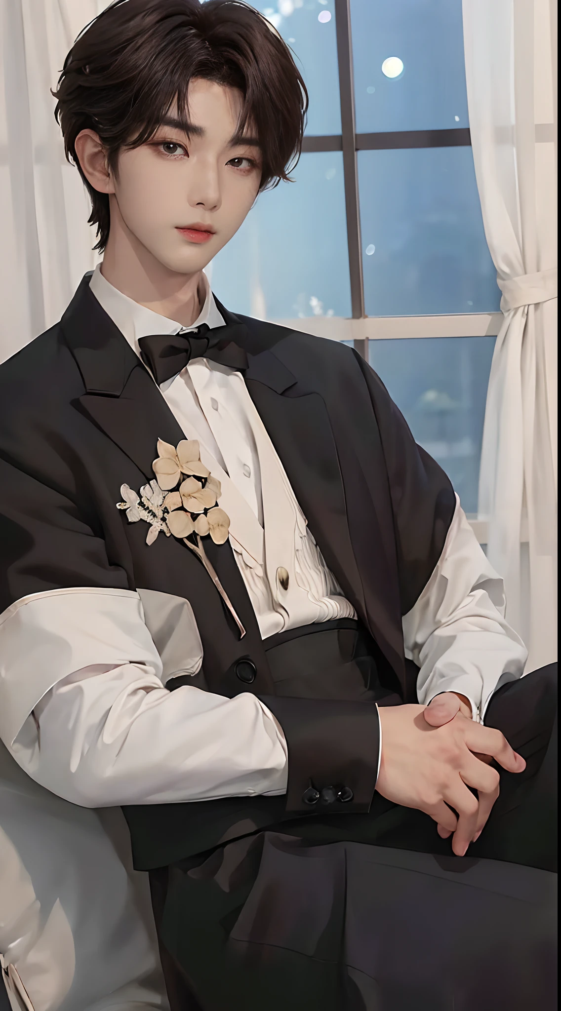 ((4K works))、masterpiece、(top-quality)、((high-level image quality))、((One Manly Boy))、Slim body、((Man in black tuxedo))、(Detailed beautiful eyes)、window、deacon、Face similar to Chaewon in Ruseraphim、((short hair above the ears))、((Smaller face))、((Neutral face))、((Light brown eyes))、((Korean boy))、((18year old))、((Handsome man))、((A charming expression))、((Korean Makeup))、((elongated and sharp eyes))、((Focus zoom out))、((Butler Photos))、Professional Photos、((Shot alone))、((Upper body photography))、((Butler Pose))
