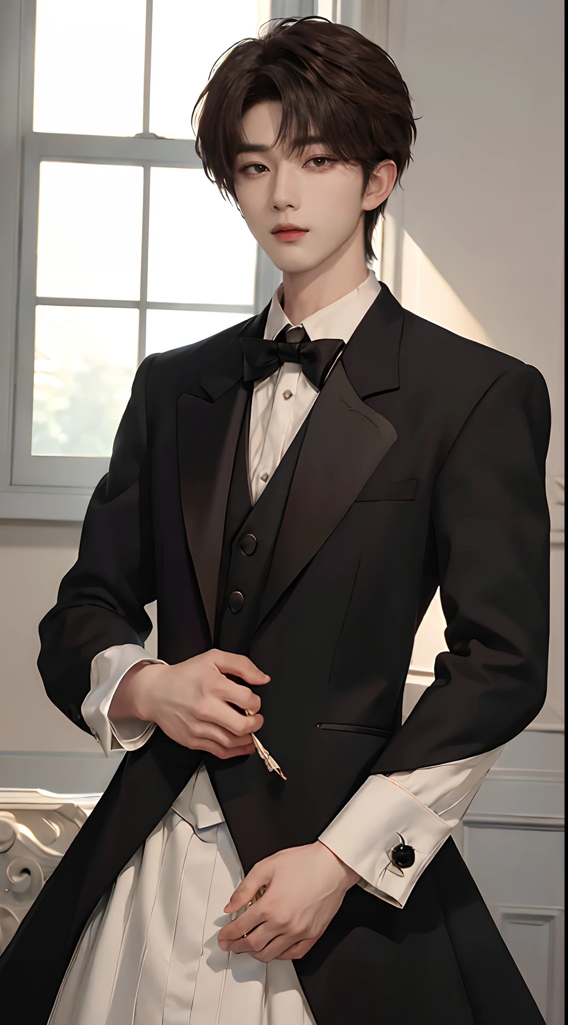 ((4K works))、​masterpiece、（top-quality)、((high-level image quality))、((One Manly Boy))、Slim body、((Man in black tuxedo))、(Detailed beautiful eyes)、window、deacon、Face similar to Chaewon in Ruseraphim、((short hair above the ears))、((Smaller face))、((Neutral face))、((Light brown eyes))、((Korean boy))、((18year old))、((Handsome man))、((A charming expression))、((Korean Makeup))、((elongated and sharp eyes))、((Focus zoom out))、((Butler Photos))、Professional Photos、((Shot alone))、((Upper body photography))、((Butler Pose))