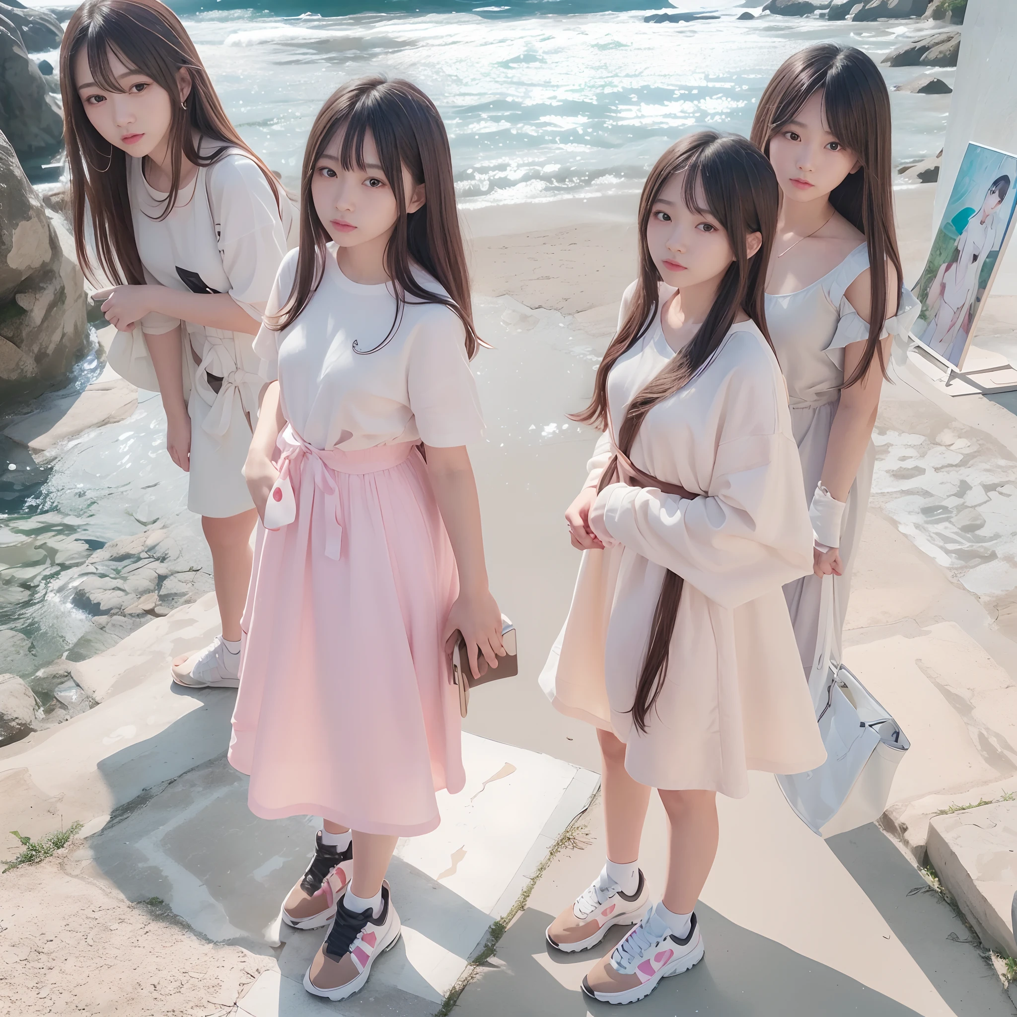 At an art gallery in Tokyo, A slender, tall, Intelligent young Japan woman with long bangs hair in a full body black dress; There are 4 beautiful girls with different Japan faces in each、Young Face、Adult Poi Girl、Intelligent girl、There are active girls、Next to her is、Human-sized frog wearing Gucci trainers stands; Standing between them is、That's 13-, 14-, 15 year old woman taking shortcuts........., Bright pink t-shirt with deep brown bangs、Different faces for each、Keep the entire screen at an angle、Align views from the right side of the screen, taking selfie., 8K, Painting of woman in white see-through dress in background、At an art gallery in Tokyo, A slender, tall, Intelligent young Japan woman with long bangs hair in a full body black dress; There are 4 beautiful girls with different Japan faces in each、Young Face、Adult Poi Girl、Intelligent girl、There are active girls、Next to her is、Human-sized frog wearing Gucci trainers stands; Standing between them is、It's a 13-, 14-, 15-year-old woman who took shortcuts........., Bright pink t-shirt with deep brown bangs、Different faces for each、Keep the entire screen at an angle、Align views from the right side of the screen, taking selfie., 8K、(incredibly_absurdres,huge_filesize:1.37),(masterpiece:1.37),(top-quality:1.37),(realisitic,Photorealsitic:1.2),Ray traching,Realistic lighting,(illuminations,Glow),((film grains:1.37)),(Exquisite details and textures:1.2),(8K分辨率:1.2),(ultra -detail:1.2),(Sharp Focus 1.2),(RAW Photography:1.0),(Beautiful Detail Face、Beautiful Detail Eye、 radiant eyes、long eyeslashes、blush of the nose:1.2)、((((perfect anatomia))))、full bodyesbian、ceremony、1girl in、独奏、a beauty girl、high class、(A slender:1.37)、(cute face)、(Natural glowing skin:1)、(Detailed natural beautiful skin、detailed skin textures、Detailed black hair、Well-formed hairstyles)、Facial light、(ciinematic light)