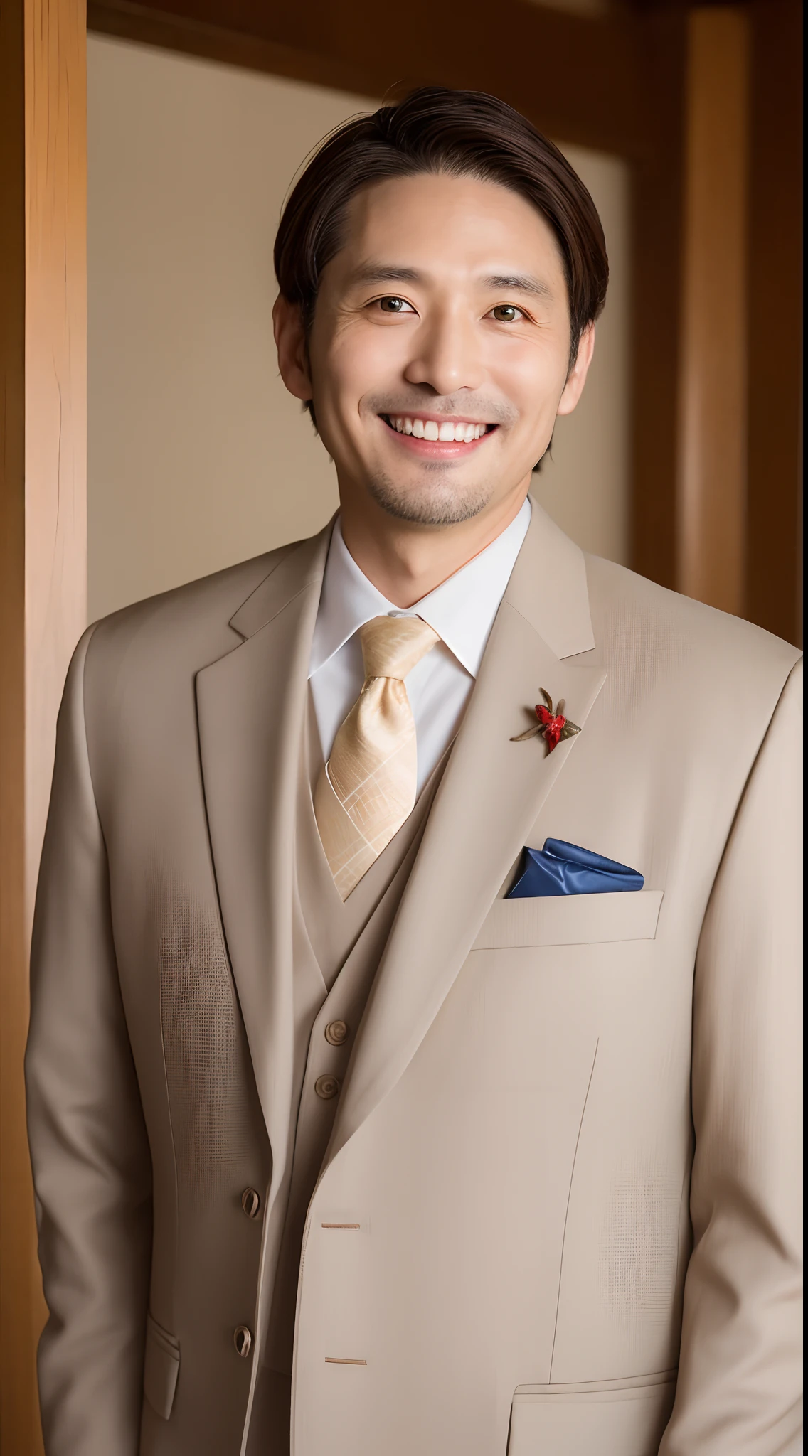 4K、top-quality、masutepiece、40-year-old male living in Japan、Brown hair、bridegroom、wedding hall、Looking at the camera、a smile