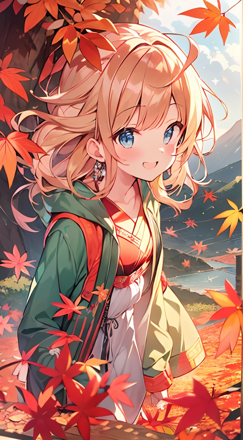 masutepiece, Best Quality,Illustration, Wallpaper, ultra -detail, Absurd beauty, 1beautiful girl、Bright hair color、Glitter and big eyes、Hair fluttering in the wind、ample breasts、♡、Smaller head、Autumn landscape、miscievous smile