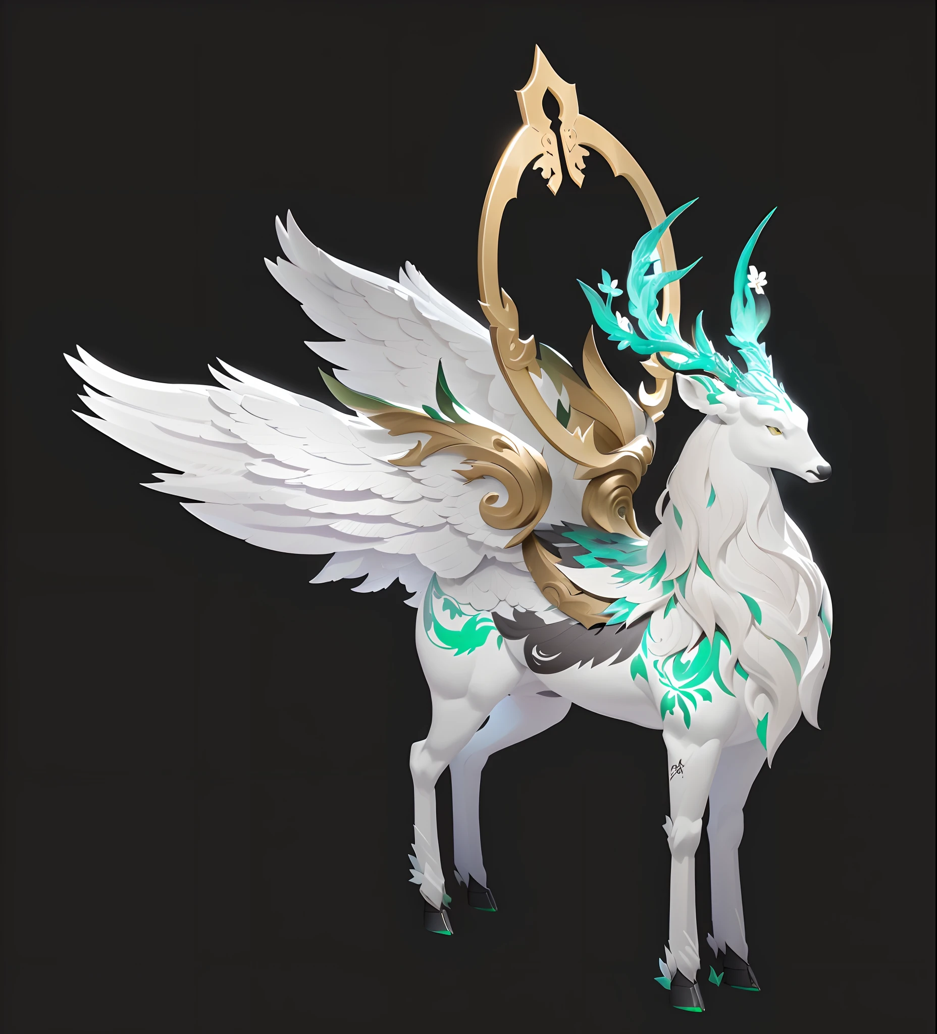 best qualtiy,8K,Works of masters,super-fine,(Simple black background)Tone muscles,Oriental mythical beasts,Rui Beast White Deer,Deer head,deer antlers,metalictexture,The body grows wings,White feathers,horn,The flowers grow on the horns,green leaf,runic,Tattooed with,