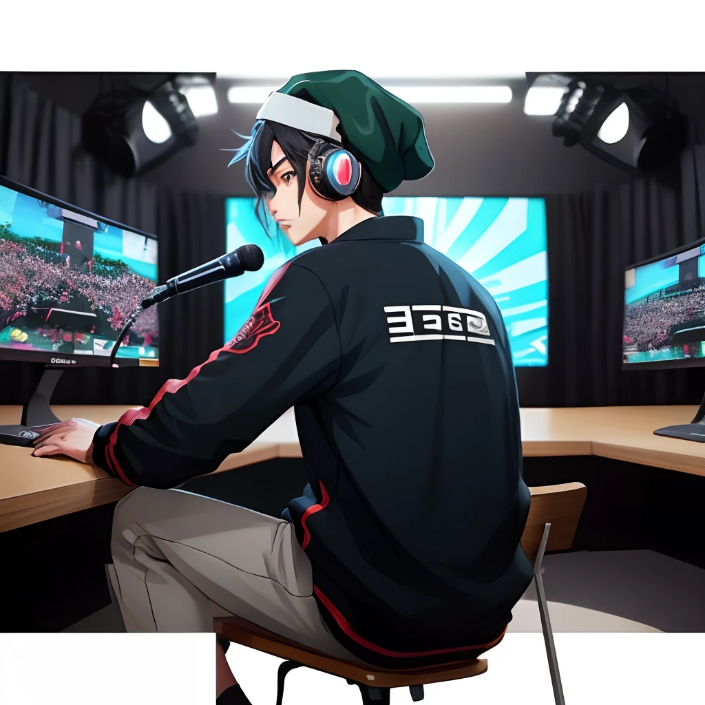 Anime boy wearing muslim cap, ig studios anime style, nightcore, style of anime4 K, High quality anime art style, Anime boy, young anime man, Anime art style, Digital anime illustration, Anime style. 8K, in an anime style, male anime character, Kawasi,best qualtiy:1.0),(超高分辨率:1.0),Anime boys,with short black hair,blue color eyes,sitting in front of the camrea,Speak into the microphone,The background is in the esports room,Earphone,The head is close to the microphone,8K,Front view