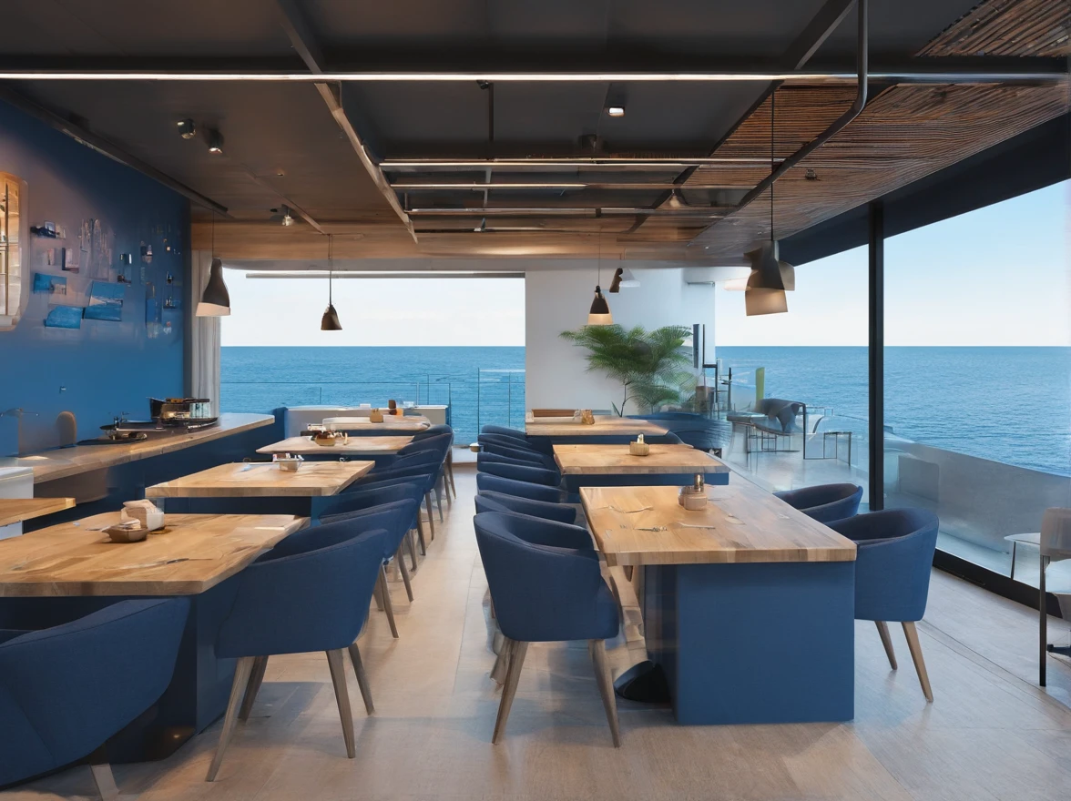 coffeehouse,Ocean-themed,Gorgeous renovation,blue colors,Wide scene,in a panoramic view,From the outside, hyper HD, High details