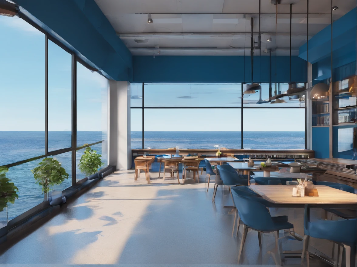 coffeehouse,Ocean-themed,Gorgeous renovation,blue colors,Wide scene,in a panoramic view,From the outside, hyper HD, High details
