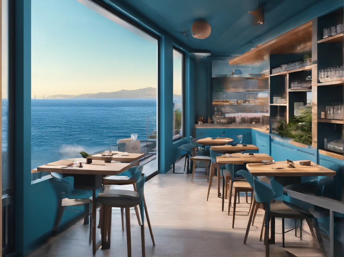 coffeehouse，Ocean-themed，Gorgeous renovation，blue colors，Wide scene，in a panoramic view，From the outside, hyper HD, High details