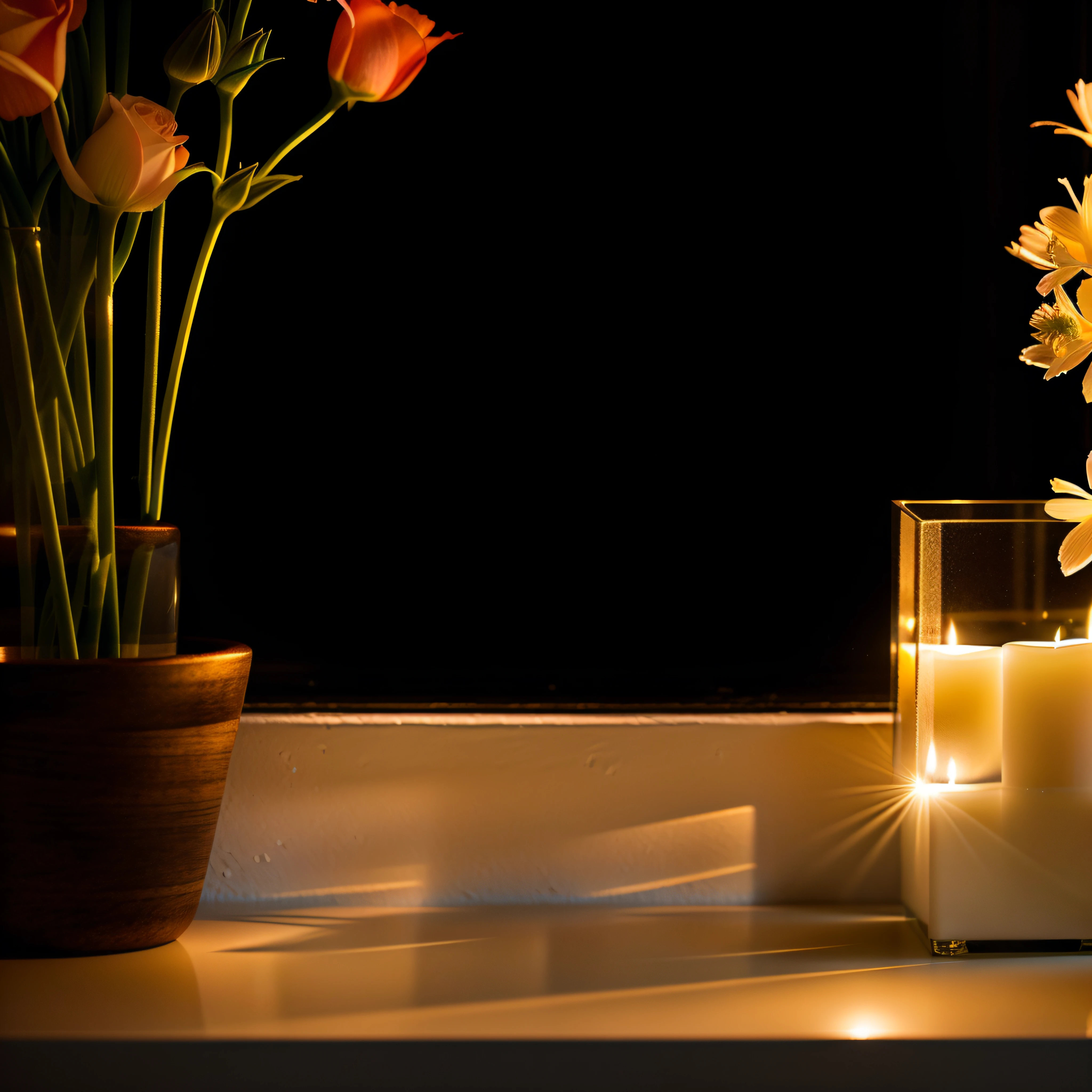There are vases and candles on the windowsill, Warm ambient lighting, Warm ambient light, vignette of windowsill, detailed ambient lighting, artificial warm lighting, warm lighting with cool shadows, 3 d render even lit, well lit 3 d render, warm illumination, highly detailed soft lighting, mysterious ambient lighting, Bright ambient lighting, Wedding flowers Soft ambient lighting for wedding