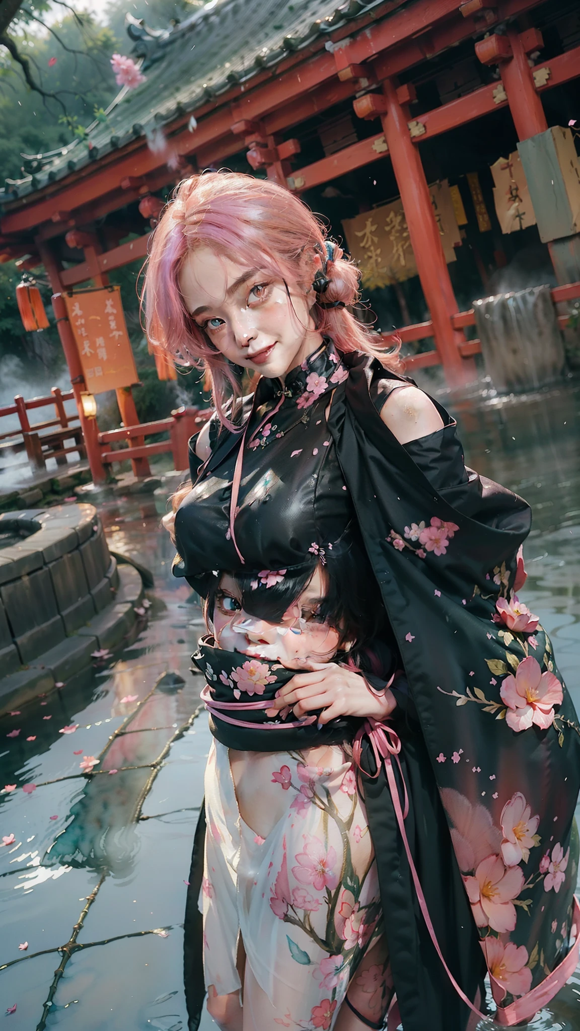 ((nilou_realistic)),((beautiful face)),( standing naturally with no pose:1.5), 1 girl,(navel), (red long hair, twin tails, skirt,crop top, long sleeves, o-ring legwear, nilou's sandals), (full body:1.3),BREAK, 1girl, solo, looking at viewer, flat bangs, (young cute beautiful 18-year-old girl:1.1), 3d face, beautiful girl, Beautiful face, pretty, girlface, kpop idol, supermodel, stunning innocent symmetry face, (hand of Guido Daniele), perfect body, medium breast, slim waist, slim legs, (high detailed skin:1.2), glowing eyes, goddess, natural skin texture, shiny skin, White skin, Beautiful detailed face, detailed face, real skin texture, cute delicate face, finely detailed face, golden ratio, golden ratio face, expressive eyes, perfect face, perfect skin, flawless face, clear face, shiny hair, pale skin, Proper body proportion, perfect anatomy, realistic skin texture, luscious lips, glossy lips, natural makeup, beautiful bright pupils, slender figure, intricate eyes, detailed pupils, detailed face and eyes, longeyelashes, blush, good hand, perfect hands, pretty face, beautiful female bodies, finely detailed skin, oily shiny skin, BREAK, (((((golden hour, Sakura tree background, petals falling, dawn light, cobblestone pathway, building pavilion, chinese buildings, moutains, misty lake, ancient chinese background, puddle, after the rain, wet grass and trees, (sky overcast with a rainbow), (sunlight reflection), flower sea, in a meadow, (waterfall:1.2), ((breeze)), flying splashes, flying petals, leaves, nature, river, (forest), (bloom), bloom effect, detailed beautiful grassland with petal, flower, butterfly, petal, (((surrounded by heavy floating petal flow))), flowers, red lips, (chinese style countryard), (pond),(Luminescent Particles:1.4), (glow:1.1), beautiful sunset, wind, fog, (Pink hair:1.3), outdoors,(ahoge), (violet eyes), (golden accessories), (iridescent colors), watercolor, available light, detailed light, smile, volumetric fog, beautiful lighting, colorfu