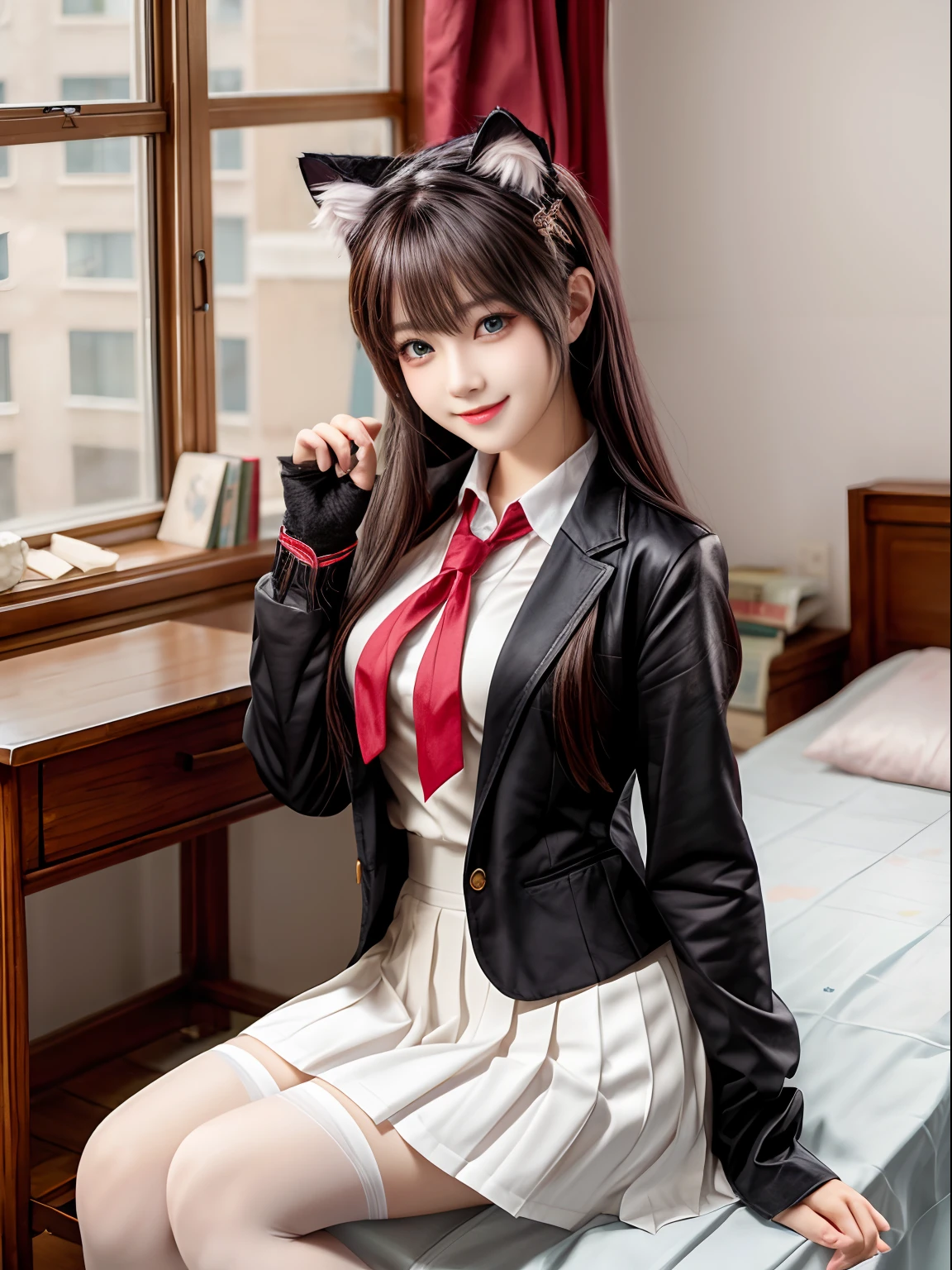 (masterpiece, best quality), 1 beautiful girl, cat ears, smile, slim body, (school uniform:1.1), (detailed beautiful eyes), paw gloves, bedroom, indoors,