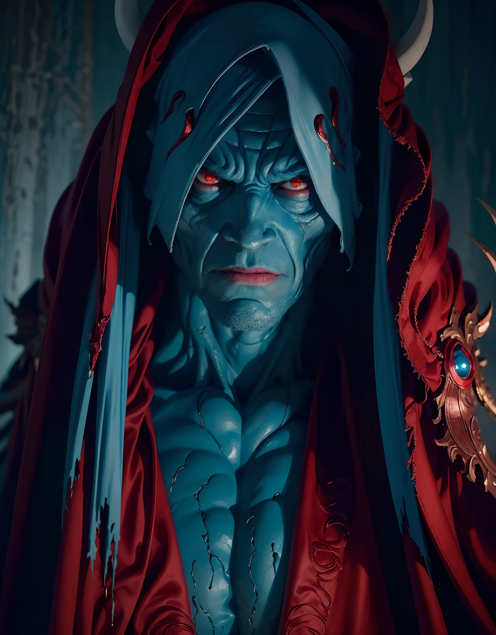 (best quality,ultra-detailed,realistic:1.37),Mumm-ra,horror character,dead blue skin,muscular,red eyes,claws,wearing big red robe, red robe, red color, mummy element, body wrapped in white mummy cloth, portrait,ominous lighting,dark and gloomy colors