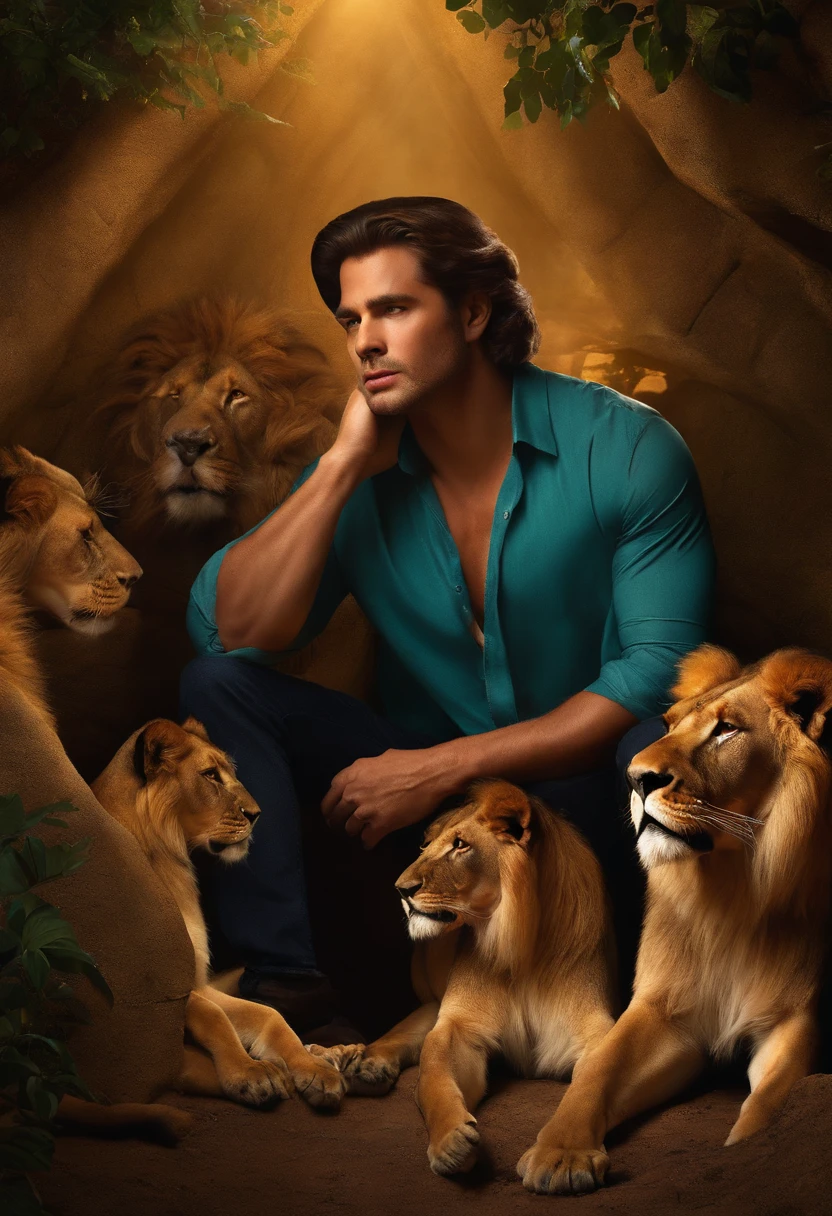 I believed a character from the Bible called Daniel surrounded by wild lions