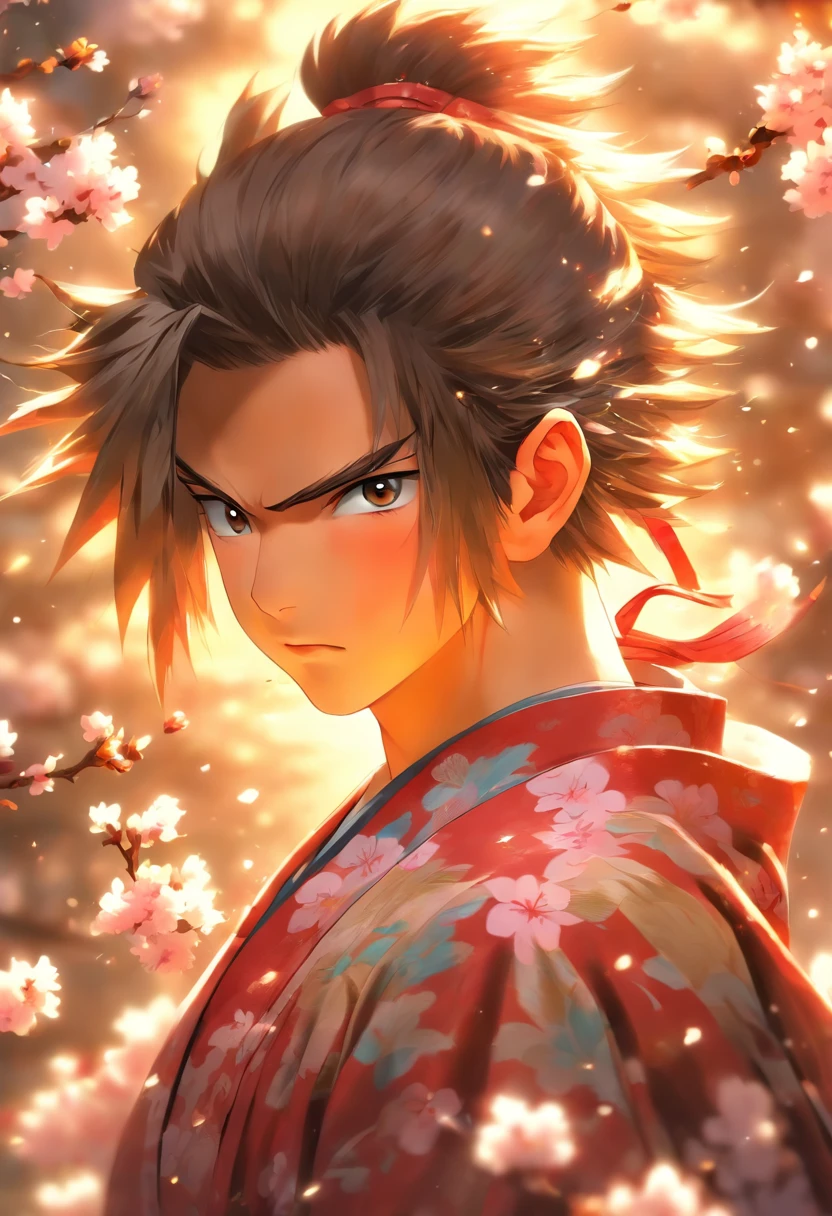 A Japanese boy with a powerful Samurai warrior spirit hovering over his shoulders, young has brown hair, yellow eys, wearing highly detailed kimono, cherry blossoms blowing in the wind, perfect masterpiece, high quality, high resolution
