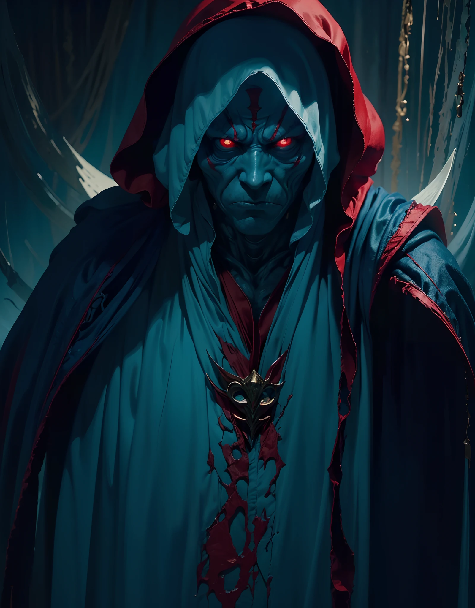 (best quality,ultra-detailed,realistic:1.37),Mumm-ra,horror character,dead blue skin,muscular,red eyes,claws,wearing big red robe, red robe, red color, mummy element, body wrapped in white mummy cloth, portrait,ominous lighting,dark and gloomy colors