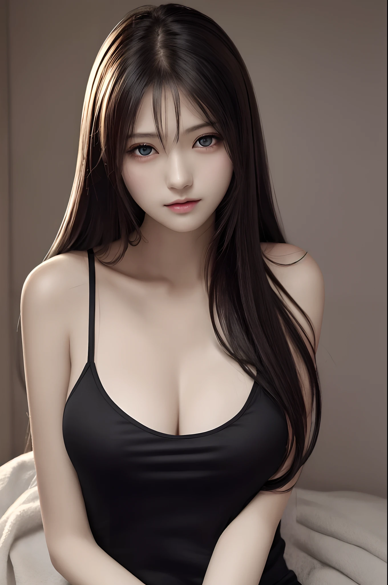 (Ultra Realistic), (Illustration), (Increased Resolution), (8K), (Extremely Detailed), (Best Illustration), (Beautiful and Detailed Eyes), (Best Quality), (Ultra Detailed), (Masterpiece ), ( wallpaper), (detailed face), solo, 1 girl, looking at viewer, fine details, detailed face, in the dark, deep shadows, low key, pureerosfaceace_v1, smiling, long hair, black shawl straight hair , 46 points oblique bangs