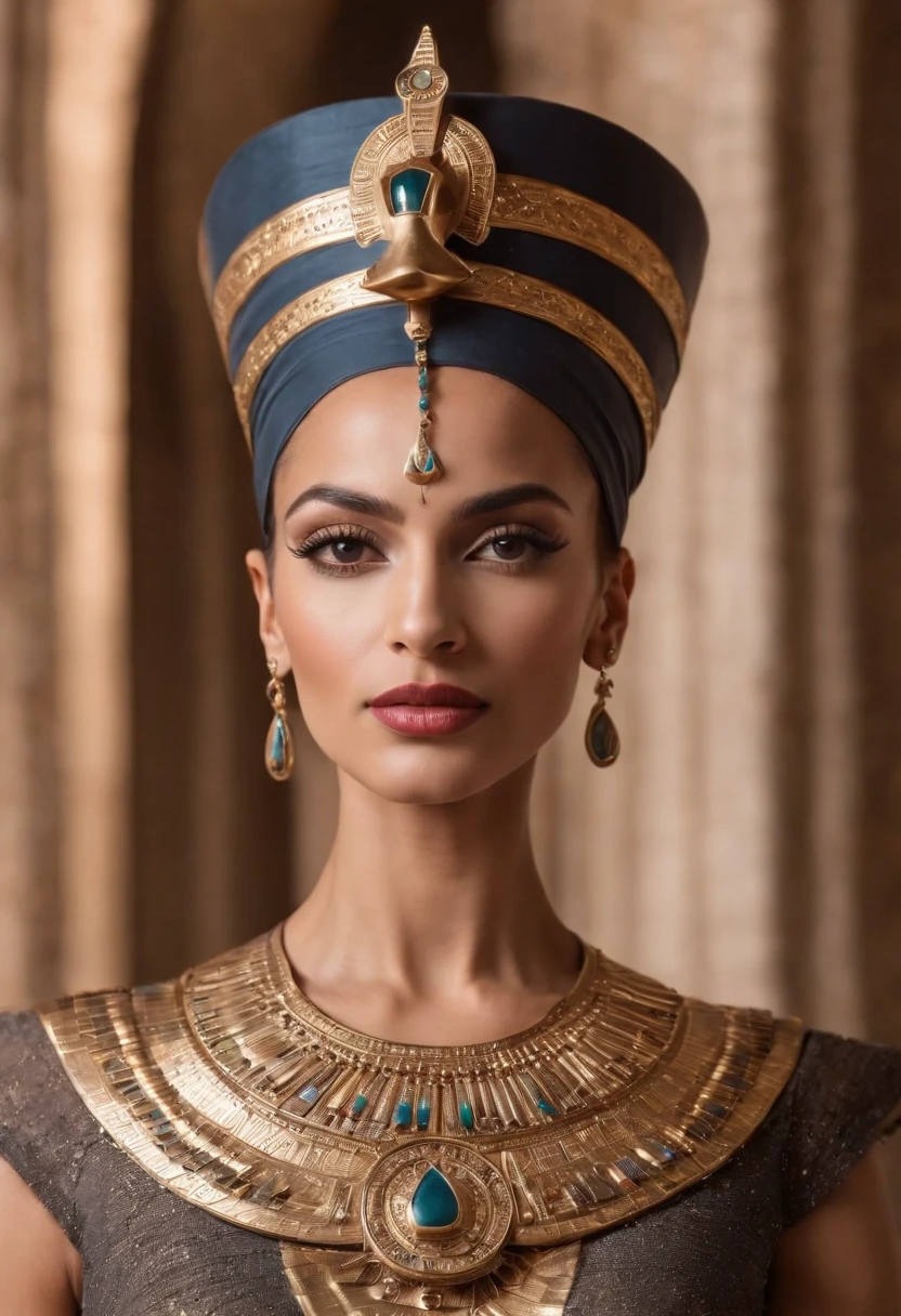 Beautiful egyption queen Nefertiti posing to camera, egyption face, middle eastern, perfect, intricate accessories details, royal, opulent, half shots