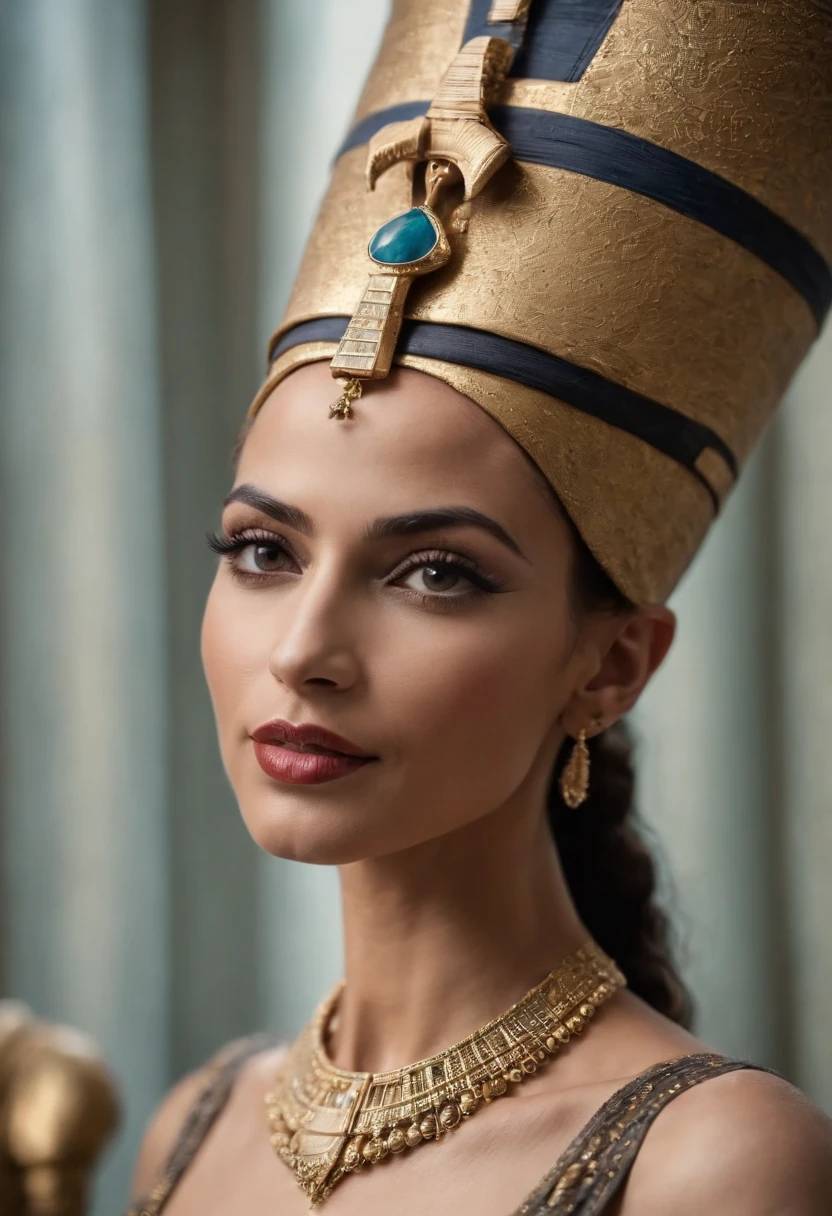 Beautiful egyption queen Nefertiti posing to camera, egyption face, middle eastern, perfect, intricate accessories details, royal, opulent, half shots