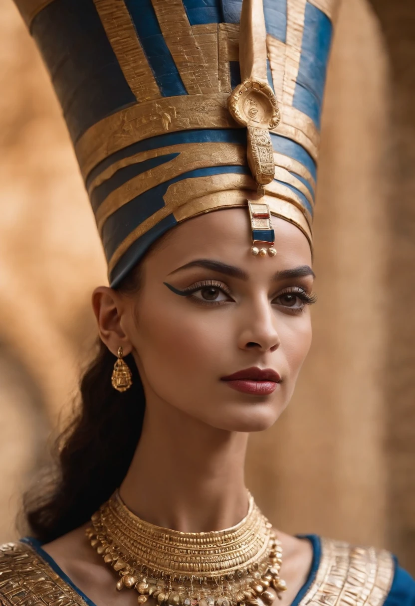 Beautiful egyption queen Nefertiti posing to camera, egyption face, middle eastern, perfect, intricate accessories details, royal, opulent, half shots