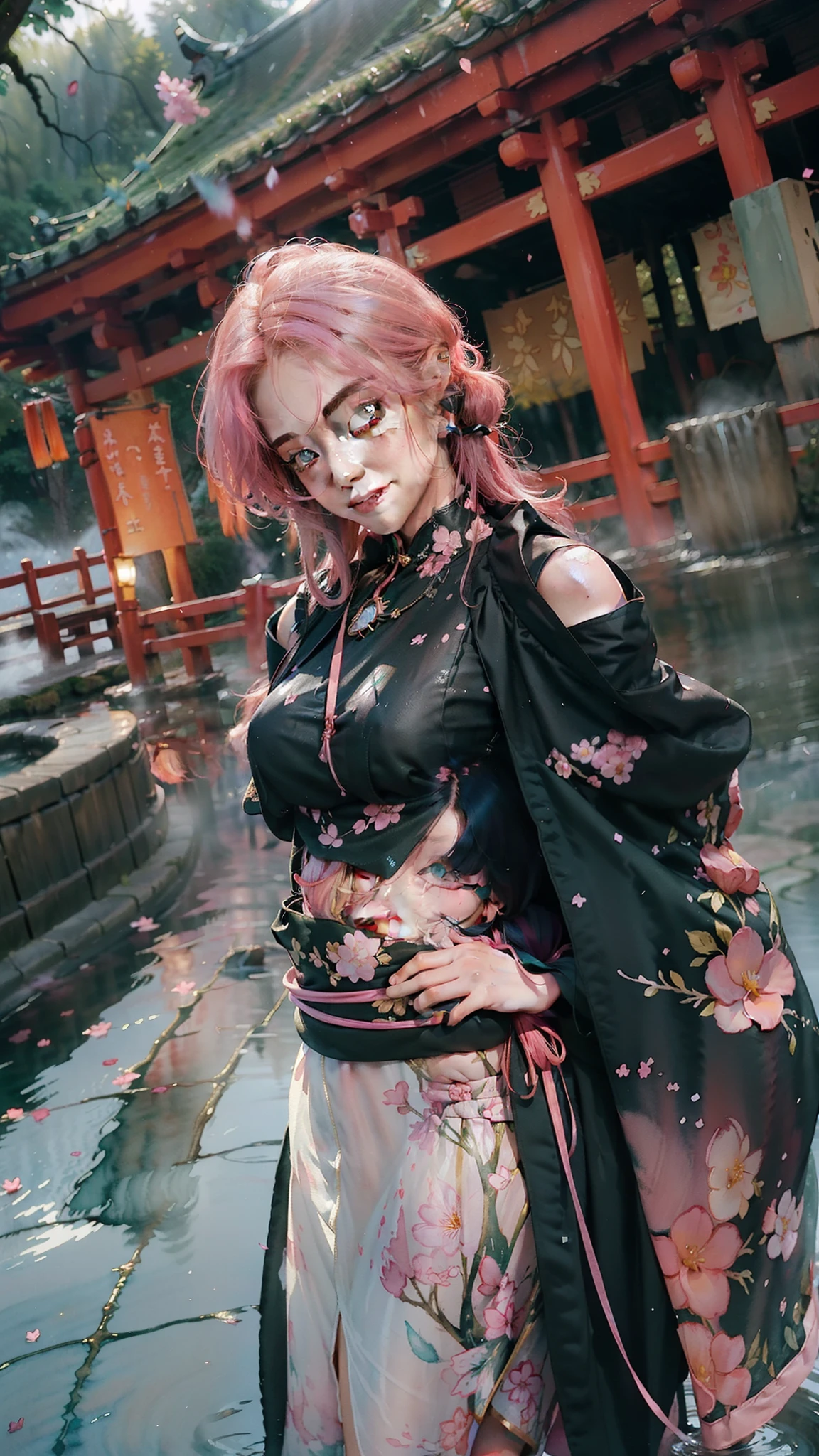((nilou_realistic)),((beautiful face)),( standing naturally with no pose:1.5), 1 girl,(navel), (red long hair, twin tails, skirt,crop top, long sleeves, o-ring legwear, nilou's sandals), (full body:1.3),BREAK, 1girl, solo, looking at viewer, flat bangs, (young cute beautiful 18-year-old girl:1.1), 3d face, beautiful girl, Beautiful face, pretty, girlface, kpop idol, supermodel, stunning innocent symmetry face, (hand of Guido Daniele), perfect body, medium breast, slim waist, slim legs, (high detailed skin:1.2), glowing eyes, goddess, natural skin texture, shiny skin, White skin, Beautiful detailed face, detailed face, real skin texture, cute delicate face, finely detailed face, golden ratio, golden ratio face, expressive eyes, perfect face, perfect skin, flawless face, clear face, shiny hair, pale skin, Proper body proportion, perfect anatomy, realistic skin texture, luscious lips, glossy lips, natural makeup, beautiful bright pupils, slender figure, intricate eyes, detailed pupils, detailed face and eyes, longeyelashes, blush, good hand, perfect hands, pretty face, beautiful female bodies, finely detailed skin, oily shiny skin, BREAK, (((((golden hour, Sakura tree background, petals falling, dawn light, cobblestone pathway, building pavilion, chinese buildings, moutains, misty lake, ancient chinese background, puddle, after the rain, wet grass and trees, (sky overcast with a rainbow), (sunlight reflection), flower sea, in a meadow, (waterfall:1.2), ((breeze)), flying splashes, flying petals, leaves, nature, river, (forest), (bloom), bloom effect, detailed beautiful grassland with petal, flower, butterfly, petal, (((surrounded by heavy floating petal flow))), flowers, red lips, (chinese style countryard), (pond),(Luminescent Particles:1.4), (glow:1.1), beautiful sunset, wind, fog, (Pink hair:1.3), outdoors,(ahoge), (violet eyes), (golden accessories), (iridescent colors), watercolor, available light, detailed light, smile, volumetric fog, beautiful lighting, colorfu