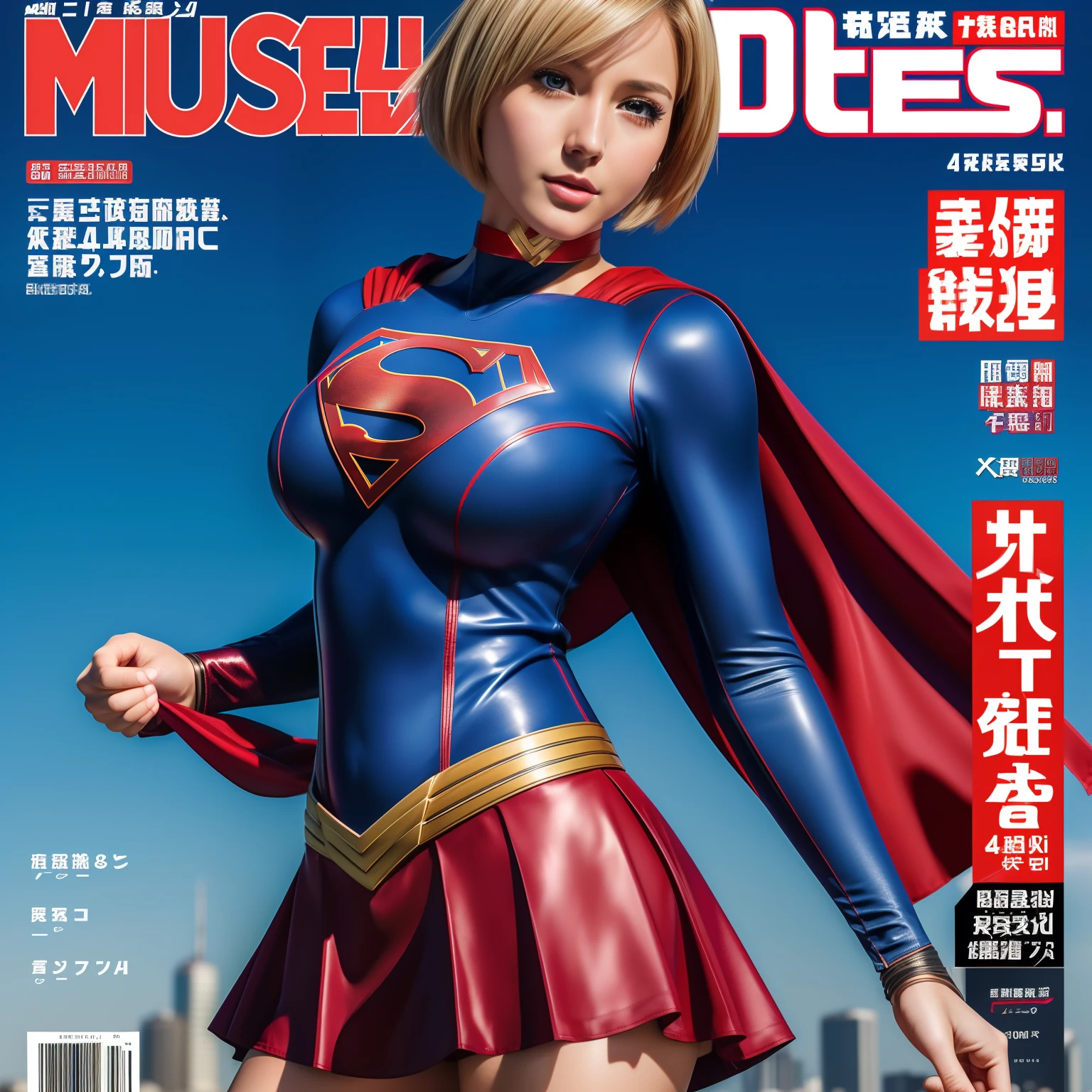 (Best Quality,4K,8K,hight resolution,masutepiece:1.2),Ultra-detailed,Realistic:1.37,Super masterpiece,Short-haired Supergirl、large full breasts、Looking at the camera、Glossy costume、a choker、Too short miniskirt、Weekly magazine cover、featuring