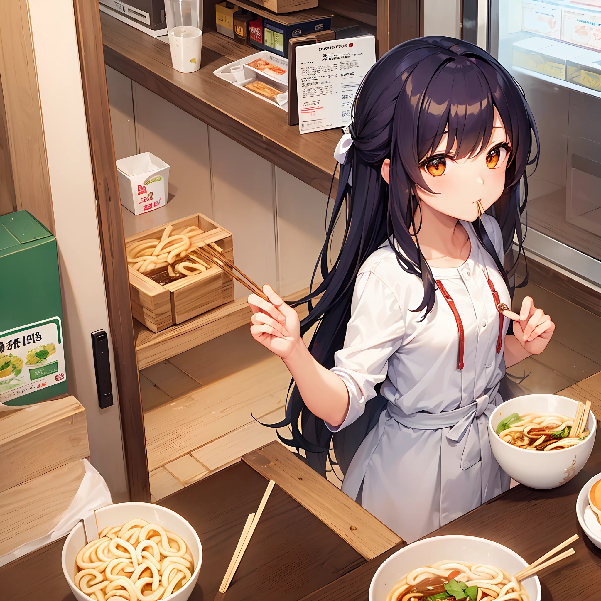 One girl eating udon noodles Eat in the store Noodles in one bowl Eat it with chopsticks