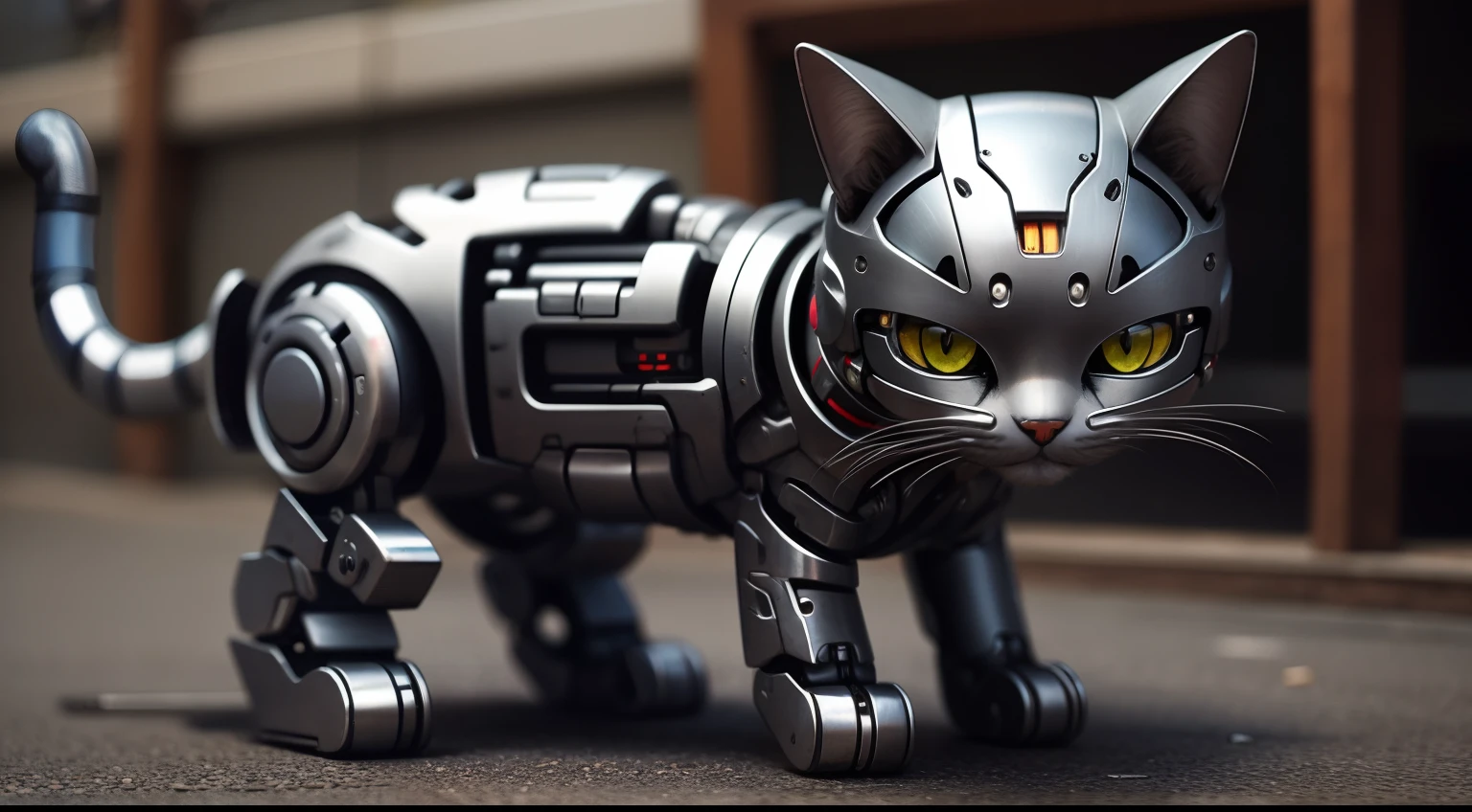 cute cyborg cat, half made of metal