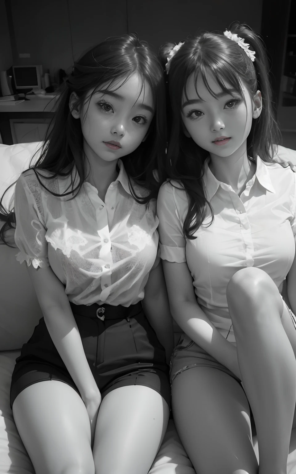 (2 girls of the same age:1.2) , couple focus, Adorable, ars, japanaese girl, White collared shirt, Sitting next to each other on a cushion, Knees , Short pants, (Smile),Twin-tailed, hair scrunchie, , (High color saturation:1.2), (Low contrast:1.1), (High color saturation:1.0), (highlydetailed skin), (Best Quality:1.0), (超A high resolution:1.0) ,(photographrealistic:1.0), (ultra-detailliert:1.0), (8K, Raw photo:1.1),(Breast:1.0)