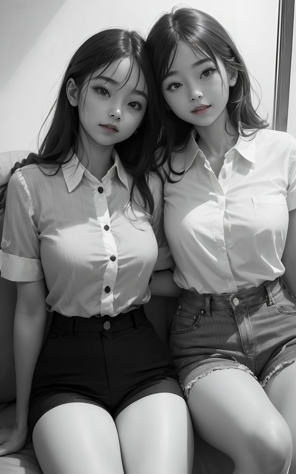 (2 girls of the same age:1.2) , couple focus, Adorable, 14years, japanaese girl, White collared shirt, Sitting next to each other on a cushion, Knees , Short pants, (Smile),Twin-tailed, hair scrunchie, , (High color saturation:1.2), (Low contrast:1.1), (High color saturation:1.0), (highlydetailed skin), (Best Quality:1.0), (超A high resolution:1.0) ,(photographrealistic:1.0), (ultra-detailliert:1.0), (8K, Raw photo:1.1),(Breast:1.0)