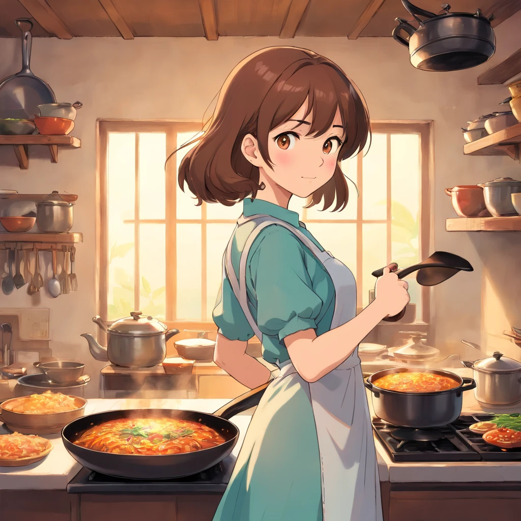 Flat anime style shading, anime woman, Anime-style characters, flat anime style,house wife、Have a frying pan, Brown hair, pinafore, Powerful Pose、kitchin, Powerful anime girl,illustratio、