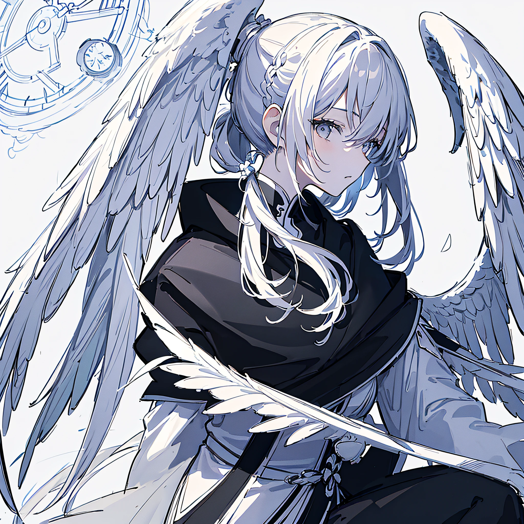 masterpiece, acura, 1girl, solo, mage robes, long ponytail white hair, angelic wings, profile close-up, flower line drawing background, clock background, monochrome, line drawing, looking at viewer, grey eyes, thinking pose ((sketch))