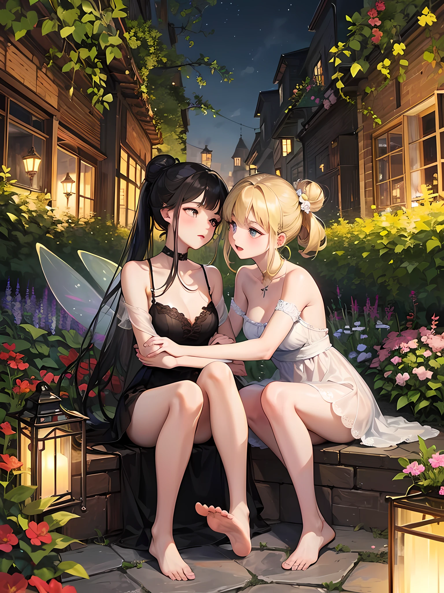 (masterpiece) night scene, bokeh, two beautiful young fairies holding each other tightly outdoors in the garden with plants multiple girls, barefoot, 2girls, yuri, flower, hug, blonde hair, looking at another, black hair, hair bun, outdoors, single hair bun, ponytail, dress, hair ornament, see-through, breasts