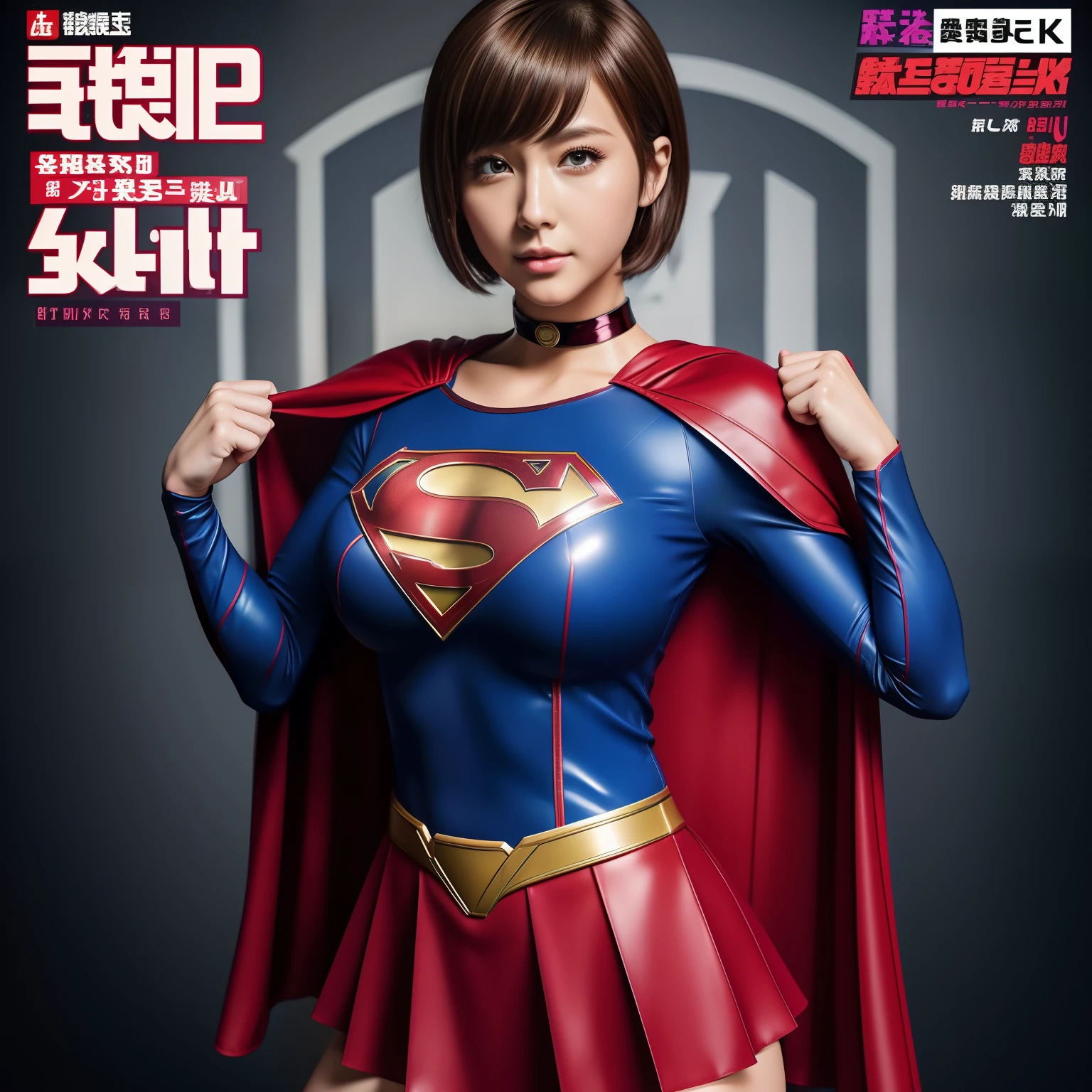 (Best Quality,4K,8K,hight resolution,masutepiece:1.2),Ultra-detailed,Realistic:1.37,Super masterpiece,Short-haired Supergirl、large full breasts、Looking at the camera、Glossy costume、a choker、Too short miniskirt、Weekly magazine cover、Punch the camera