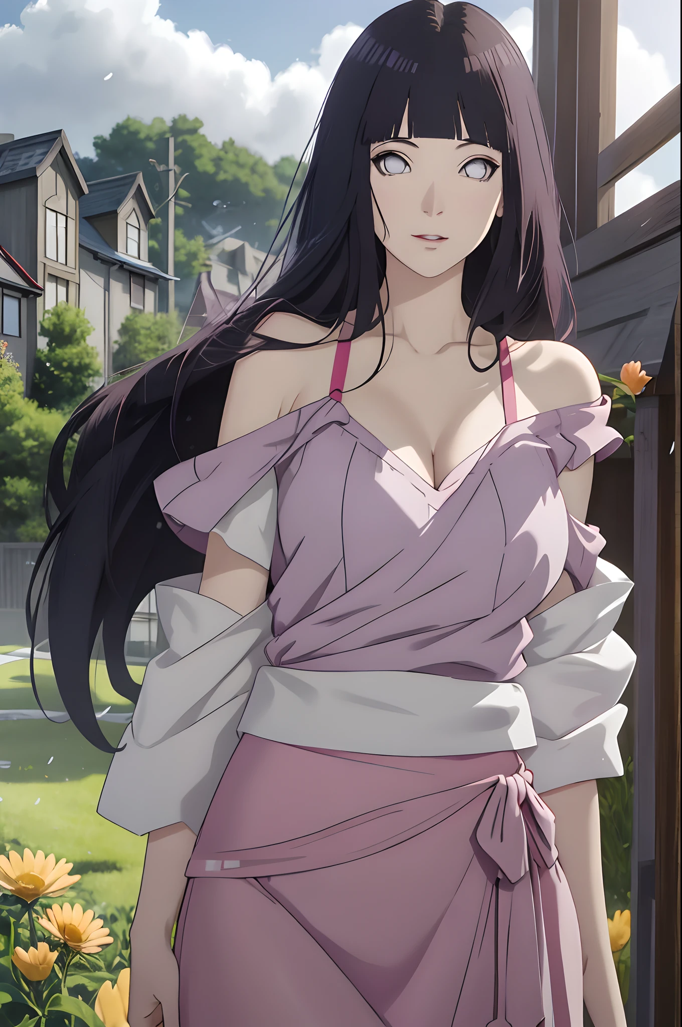 Best quality, masterpiece, ultra high res, (photorealistic:1.37), raw photo, 1girl, perfect body, long straight black hair, side comb, slight smile, slit long cloth parted, perfect big breasts, perfectbody, pookies, beautifull eyes, beautifull face, detailed eyes and face, split cloth, split, dynamic lighting, blue Eyes, in a beautiful fantasy park, One piece, eyes looking at the camera
