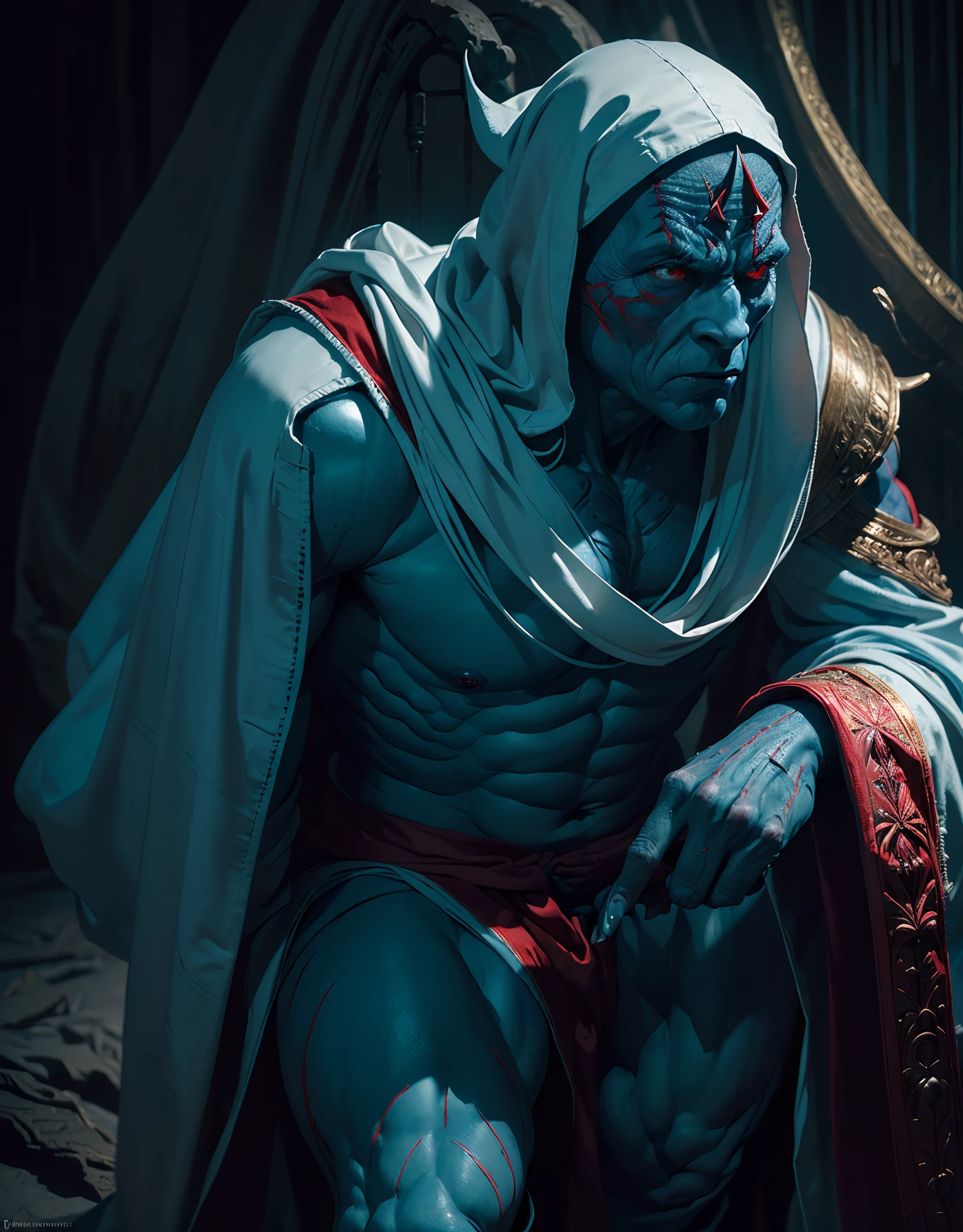 (best quality,ultra-detailed,realistic:1.37),Mumm-ra,horror character,dead blue skin,muscular,red eyes,claws,wearing big red robe,mummy element, body wrapped in white mummy cloth, portrait,ominous lighting,dark and gloomy colors