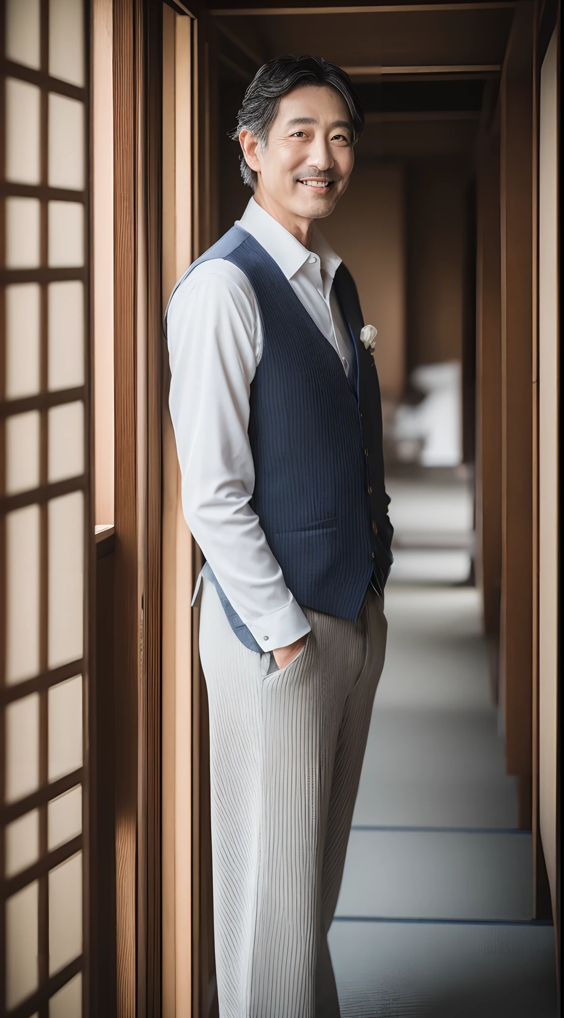 4K、top-quality、masutepiece、50-year-old male living in Japan、A dark-haired、bridegroom、wedding hall、Looking at the camera、a smile