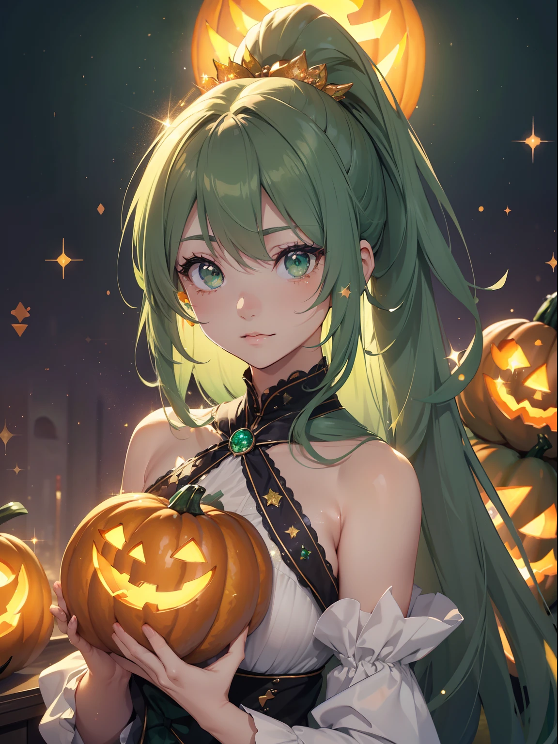 masutepiece, High resolution, 8K, anime woman, Delicate and detailed writing 、Detailed digital illustration、absurdly long hair、(((Ponytail)))、Shiny hair、a very beautiful woman、Eyes are double, Large,Little hanging eyes、 Bust E Cup、High image quality, High quality、Detailed background、((Wizard Background))、The inside of the eye shines like a diamond、(((Dark green hair)))、Gradient pupil、(((2 arms、4 fingers, 1 thumb)))、Detailed female face、a very beautiful woman、、细致背景、masterpiece、Soft Focus , Bright gradient watercolor , Lens Flare , (((Glitter))) , Glow , Dreamy ,a miniskirt、Idol、Light Green Ribbon、Very beautiful light green rose hair accessories、Light green and gold costume with white as the main color、((Macroface))、(Cool Girl).Tall lady、Dignified.((No bangs))、(((Halloween、Pumpkin Festival)))、(((Glittering Halloween night background)))