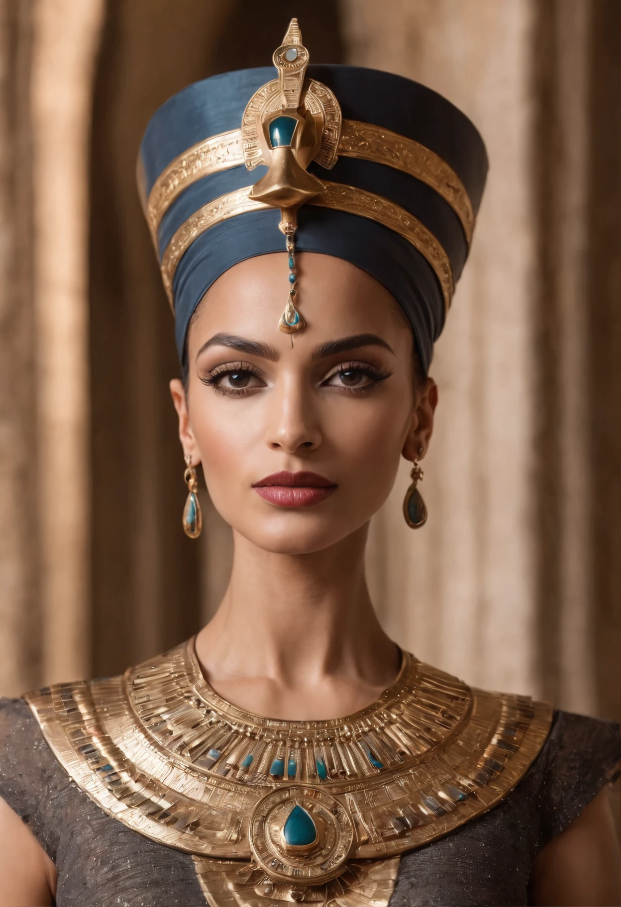 Beautiful egyption queen Nefertiti posing to camera, egyption face, middle eastern, perfect, intricate accessories details, royal, opulent, half shots