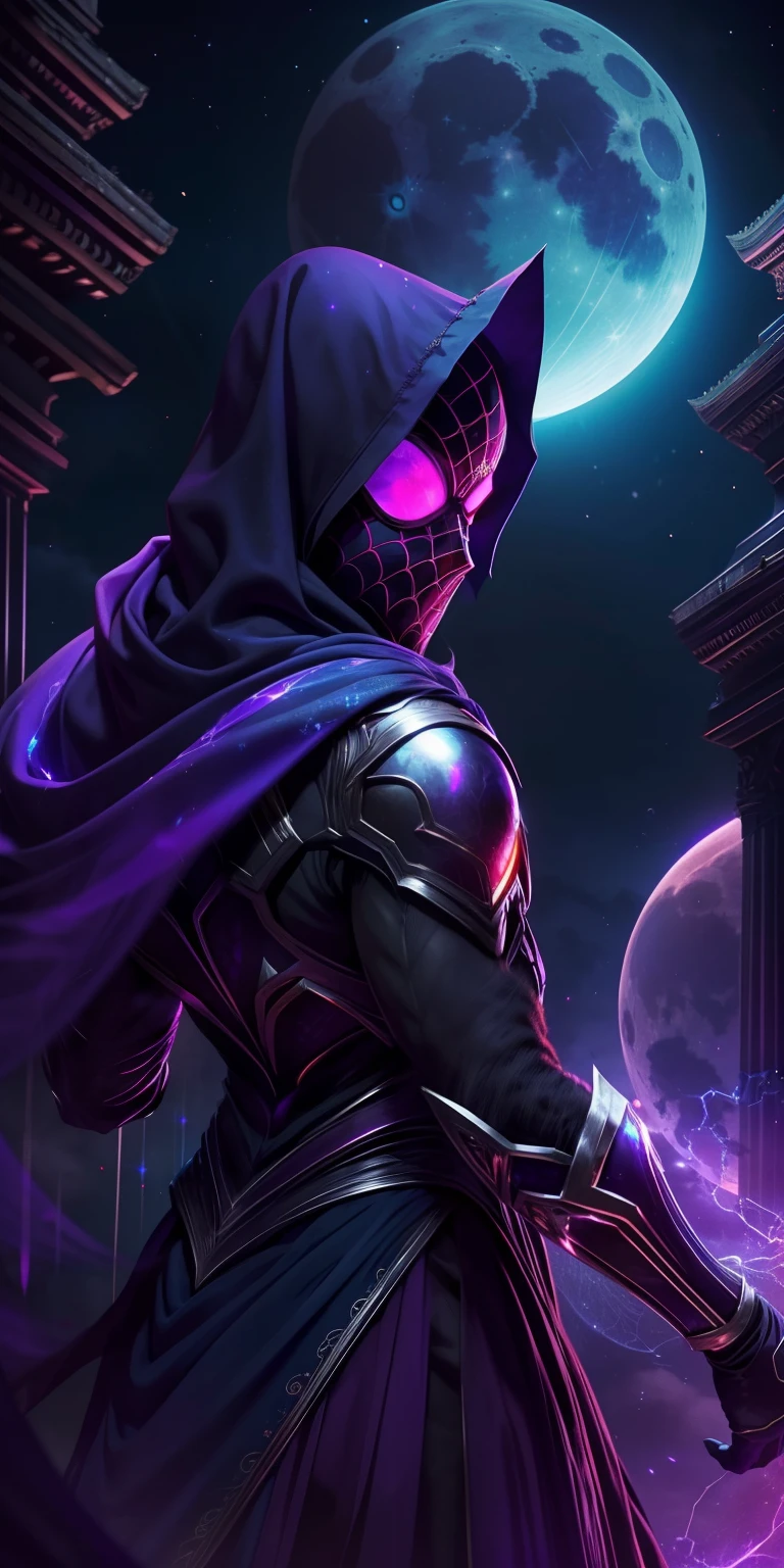 Spectral Spider" He wears a dark suit with purple and blue ethereal flashes... En su pecho, The spectral symbol takes the form of a single spider, parecida a la Araneidae Luminae, A fictional species of spider that shines in a faint and mysterious light. His mask has bright blue eyes and shoots threads of ethereal energy instead of cobwebs...... Se mueve sigilosamente y lucha contra villanos sobrenaturales, Using its connection to spectral energy in an enigmatic multiverse. Ether lighting, escena de fondo luna, Luna llena, Luna Roja