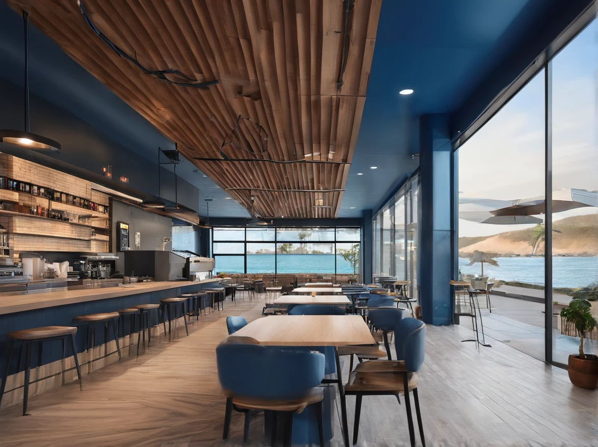 coffeehouse,Ocean-themed,blue colors,Wood ceiling,