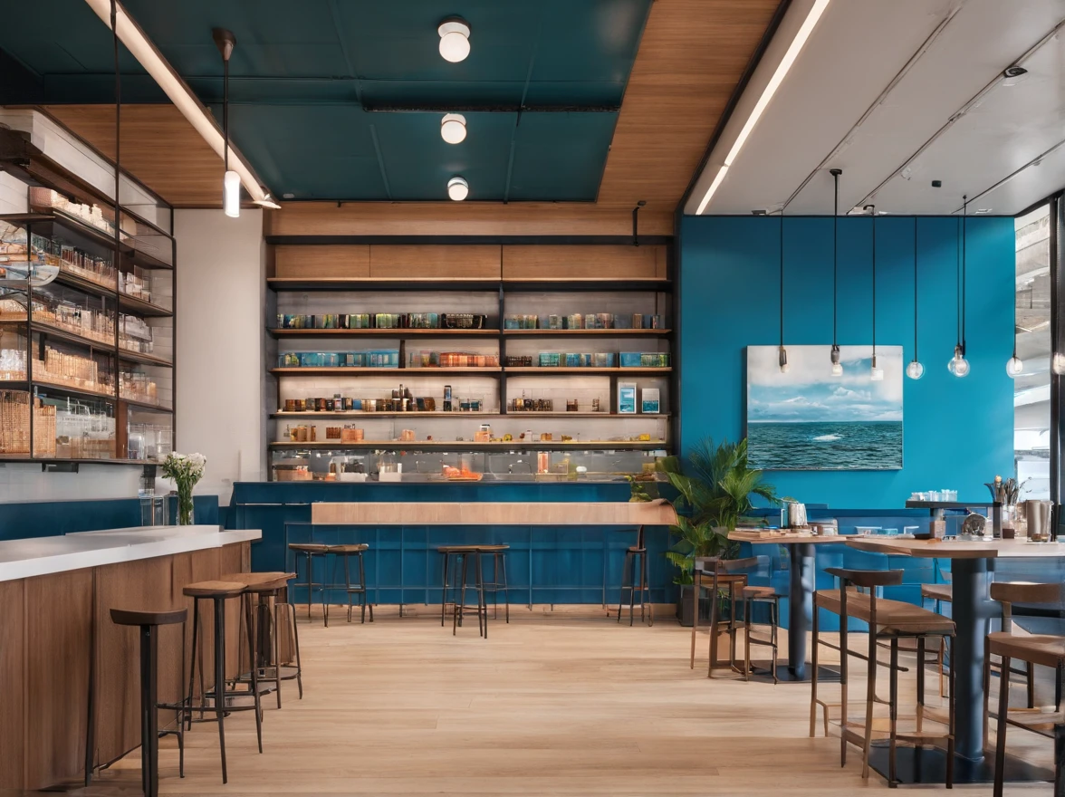 coffeehouse，Ocean-themed，blue colors，Wood ceiling，