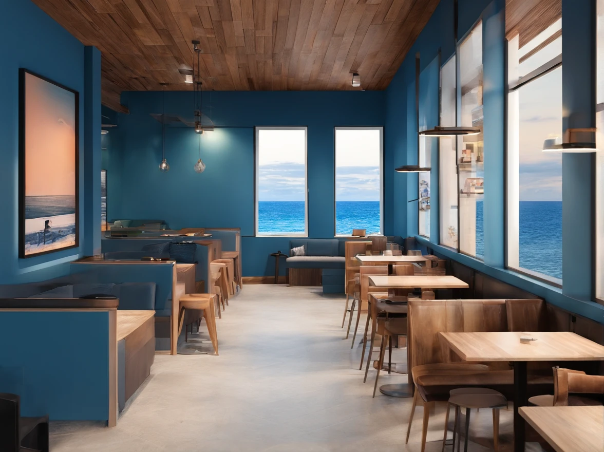 coffeehouse，Ocean-themed，blue colors，Wood ceiling，