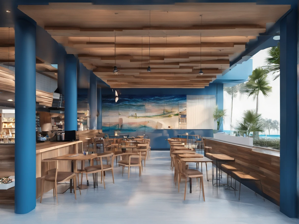 coffeehouse,Ocean-themed,blue colors,Wood ceiling,