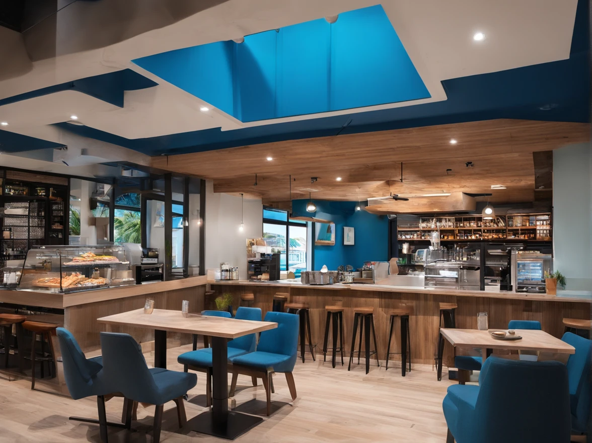 coffeehouse,Ocean-themed,blue colors,Wood ceiling,