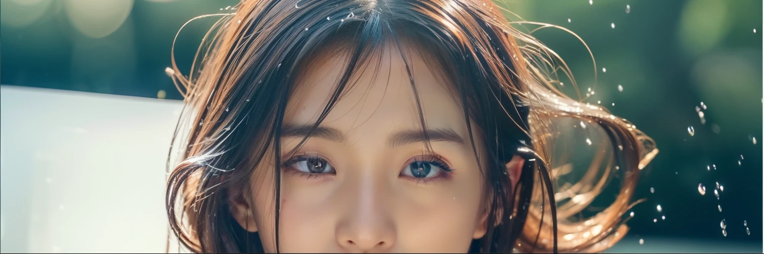 (top-quality、8k、32k、masterpiece、UHD:1.5)、(Improved cinematic lighting quality:1.3)、Attractive Japanese Woman Pictures、 1 人、Aside、A slight smil、A sexy、erotick、(huge tit:1.3)、abdominals、(the perfect body:1.3)、(Wet shirt:1.1)、detailed lips、finely eye、二重まぶた、(soaked、Wet body:1.2)、(Soaking wet hair:1.2)、(skin gloss:1.2)
