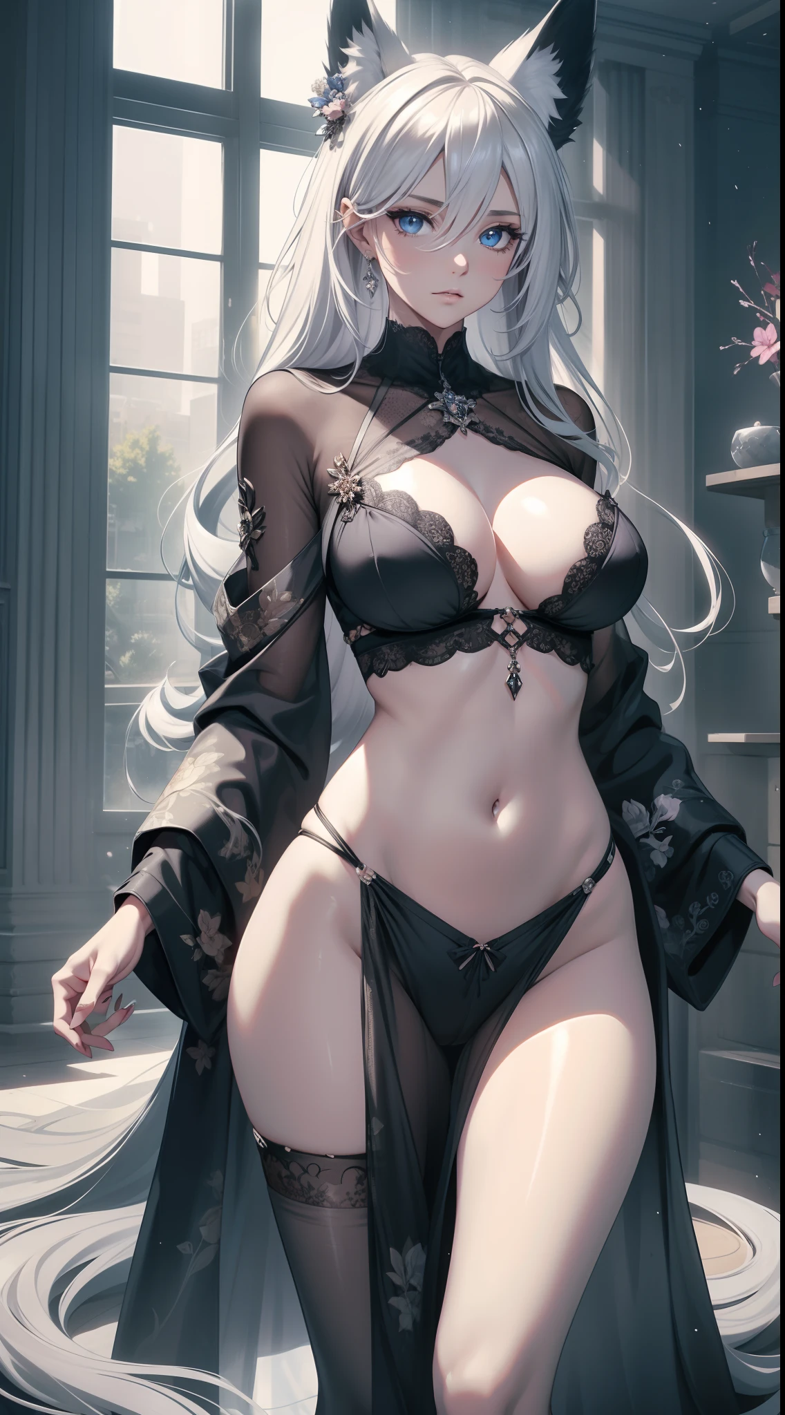 full bodyesbian, masterpiece, Best quality at best, offcial art, Very detailed CG 8k wallpaper, (flying petal)(Detailed ice), Crystal texture of the skin, Grim expression, (fox ear), white hair, long white hair, messy hair, eBlue eyes, Medium breasts, looking at viewer, Hands are truly optimized, The foot is truly and reasonably optimized, very fine and beautiful, A high resolution, Underwear lace (transparent pubic hair, Silky), Navel-baring, Sling pajamas black silk (transparent pubic hair, Silky), Strangle leg rings, close-up on legs, Unilateral ponytail with white hair, Flushed face, Lie down, Background bed, water stain (Close up of transparent water stains), lots of resolution, Close-up of the hand, The lines are clear and realistic, photograph realistic, best quality, tmasterpiece, Extremely refined and beautiful, extremely details, CG 8K, Amazing Cleavage, finely detailed, tmasterpiece, Best quality at best, extremely detailed CG unity 8k wallpaper,
