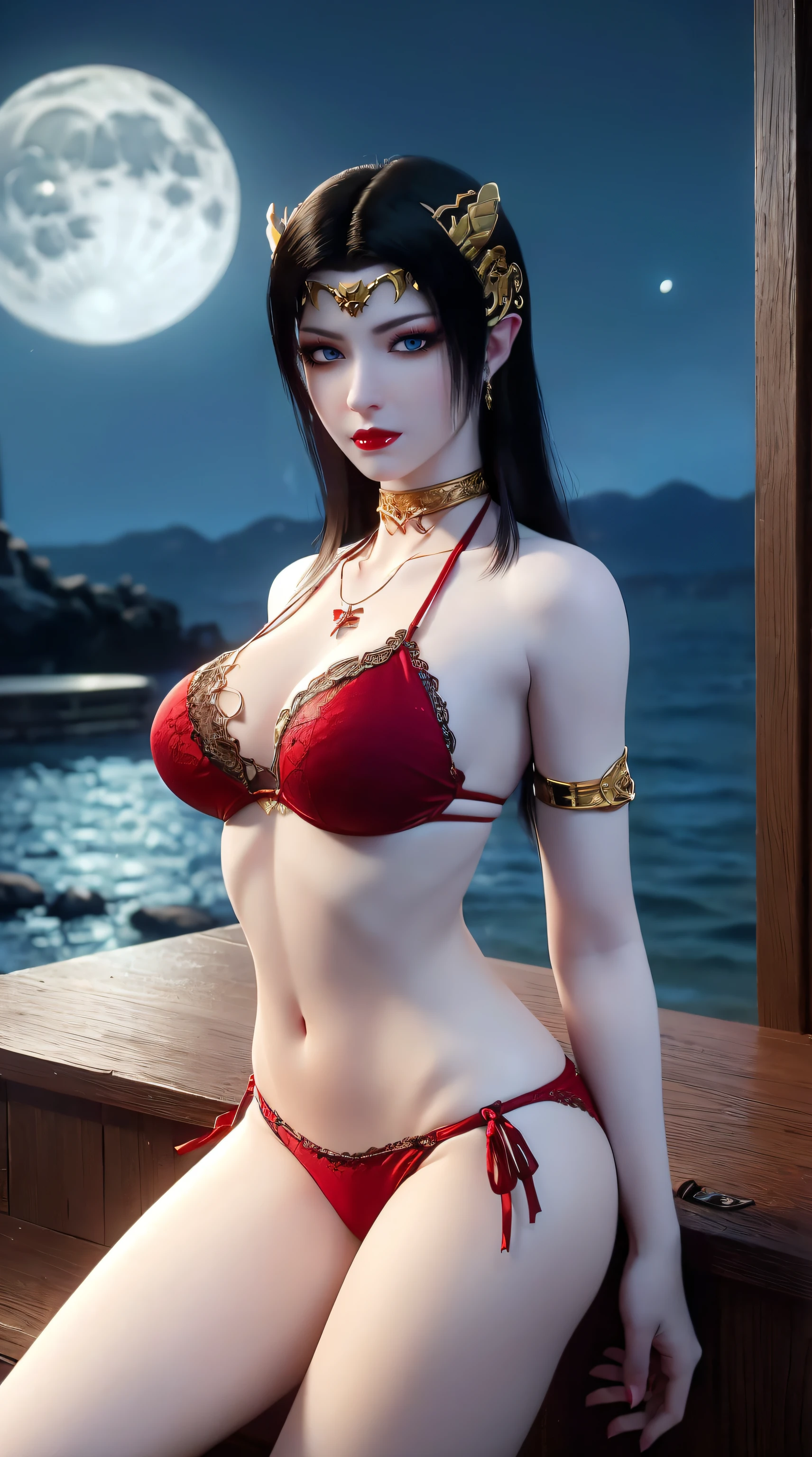 1 extremely beautiful bride, (((wearing red lace bikini:1.6))), (((thong bikini bottoms:1.6))), ((long black hair:1.6)), elaborately made jewelry from gemstones and beautiful hair, ((wearing 24k gold lace necklace: 1.4))), (((big breasts: 1.8))), ((big breasts: 1.6)), (exposed), firm breasts , beautiful cleavage, (((big breasts: 1.8))), ((super tight breasts: 1.7)),((Thin red silk scarf covering half of her face: 1.5)), noble, noble style of a girl timeless beautiful girl, super cute small face, very pretty face, thin eyebrows, flawless face, ((black eye pupil: 0.8)), very beautiful eyes, ( (platinum blue eyes: 1.6)), (((big round eyes: 1.6))), beautiful makeup and hairdo detailed eyelashes, steamy eye makeup, high nose, earrings, red lips, (( sucking mouth: 1.5)) beautiful lips, slim hands, most beautiful thighs, ((arms spread to the sides: 1.5)), rosy face, clean face, beautiful flawless face, smooth white skin , beautiful breasts, perfect body, back sleeves, exposed chest, black sheer stockings with black lace trim, 8k photo, super high quality, super realistic, super 10x pixels, optical, bright studio, bright edge, double light tone, (highly detailed skin:1.2), ultra 8k, soft light, high quality, volumetric lighting, optical, high optical resolution, lighting, best shot, 4k quality , 8k, blur effect, smooth sharpness , 10 x pixels, ((sea and moonlight in night background:1.5)), aurora, lightning, ultra realistic graphics, most realistic graphics, 1 girl girl, alone, solo, Extremely sharp, surreal image, (((frontal portrait: 1 )))",