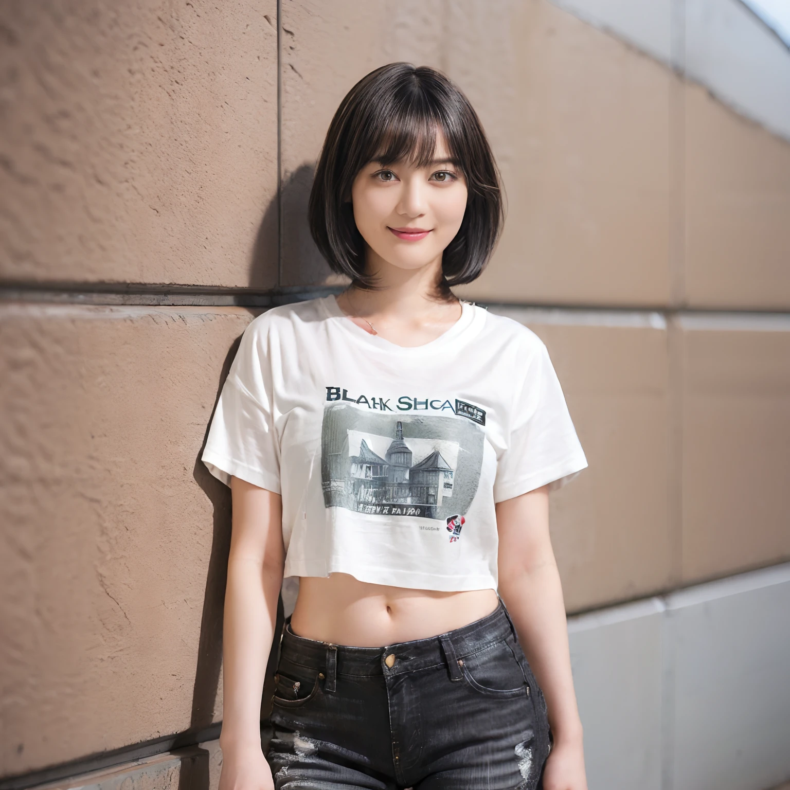 (Black Shorthair:1.5), (bob cuts), (a 20 yo woman), (A hyper-realistic), (Masterpiece), (8KUHD), ((Full body)), Smiling, Slender waist, Wearing jeans, ((large t-shirts)), large full breasts, Wearing long pants, Brick Wall, Graffiti on the wall, ((Spray Art))