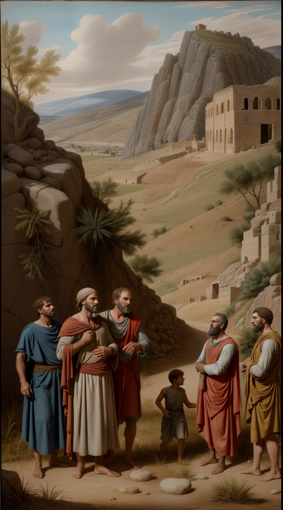 "Describe a scene in the biblical setting and personages of Shechem, where Joseph, the son of Jacob,He is harassed and confronted by his older brothers due to his special relationship with their father. Detail the landscape of Shechem, os personagens envolvidos, expressions of jealousy and hostility, In addition to the tense atmosphere around this moment."