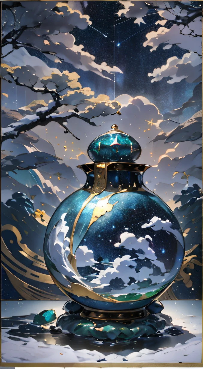 Lunar soil，Guanghan Palace,Emerald base,full moon,A treasure bottle composed of Hetian jade,Crystal clear jade carvings,Luodian is clearly visible,(Starry draft,starryskybackground,In daylight:1.45),