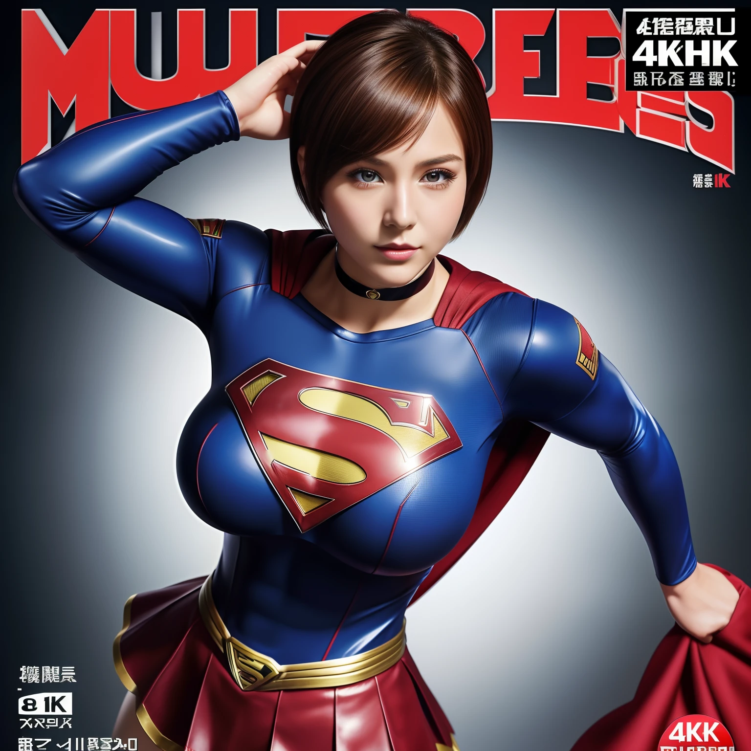 (Best Quality,4K,8K,hight resolution,masutepiece:1.2),Ultra-detailed,Realistic:1.37,Super masterpiece,Short-haired Supergirl struggling in a quagmire、large full breasts、Looking at the camera、Glossy costume、a choker、Covered in mud、Weekly magazine cover、Splattering droplets